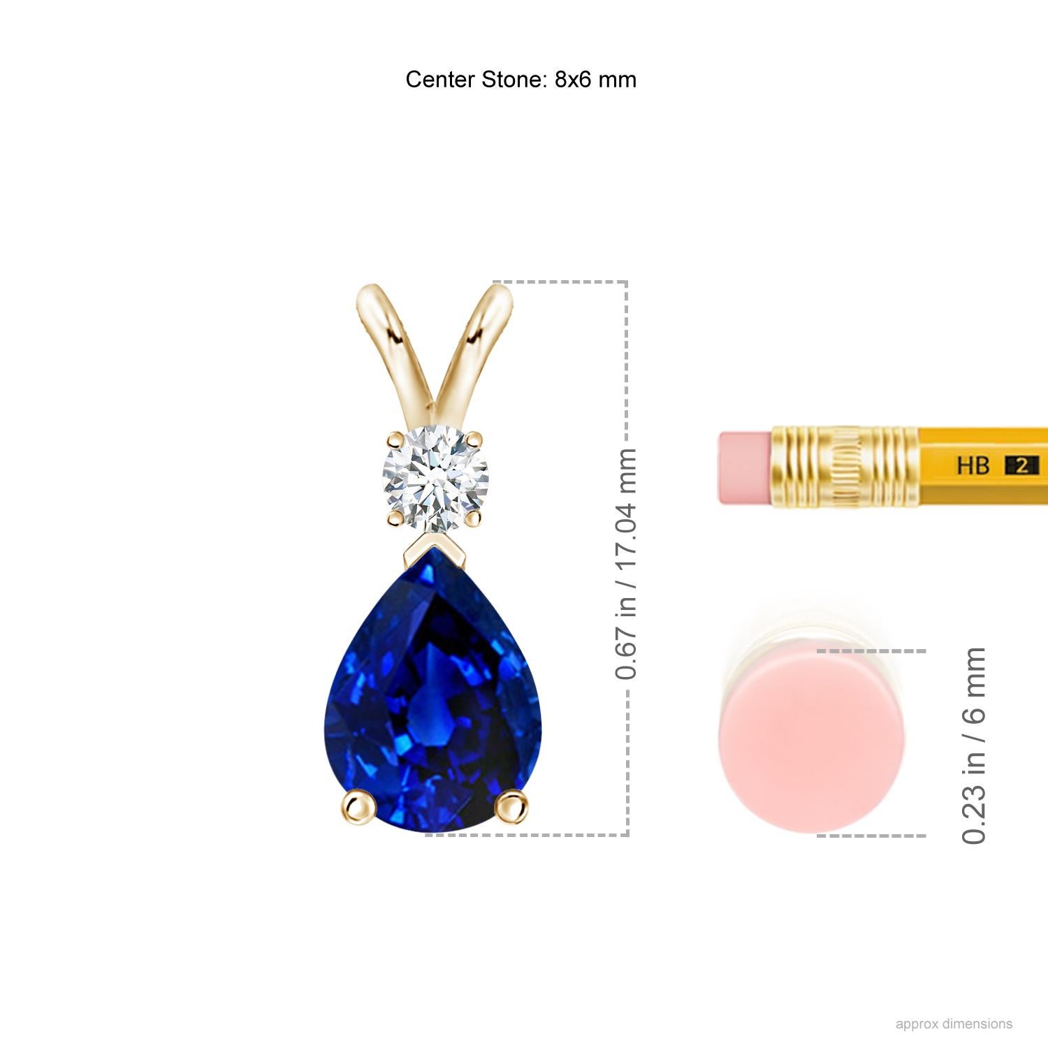 This classic solitaire pendant features a pear-shaped sapphire secured in a prong setting. A brilliant round diamond sits atop the blue gemstone adding to the design's charm. Simple yet appealing, this sapphire pendant in 14k yellow gold is crafted