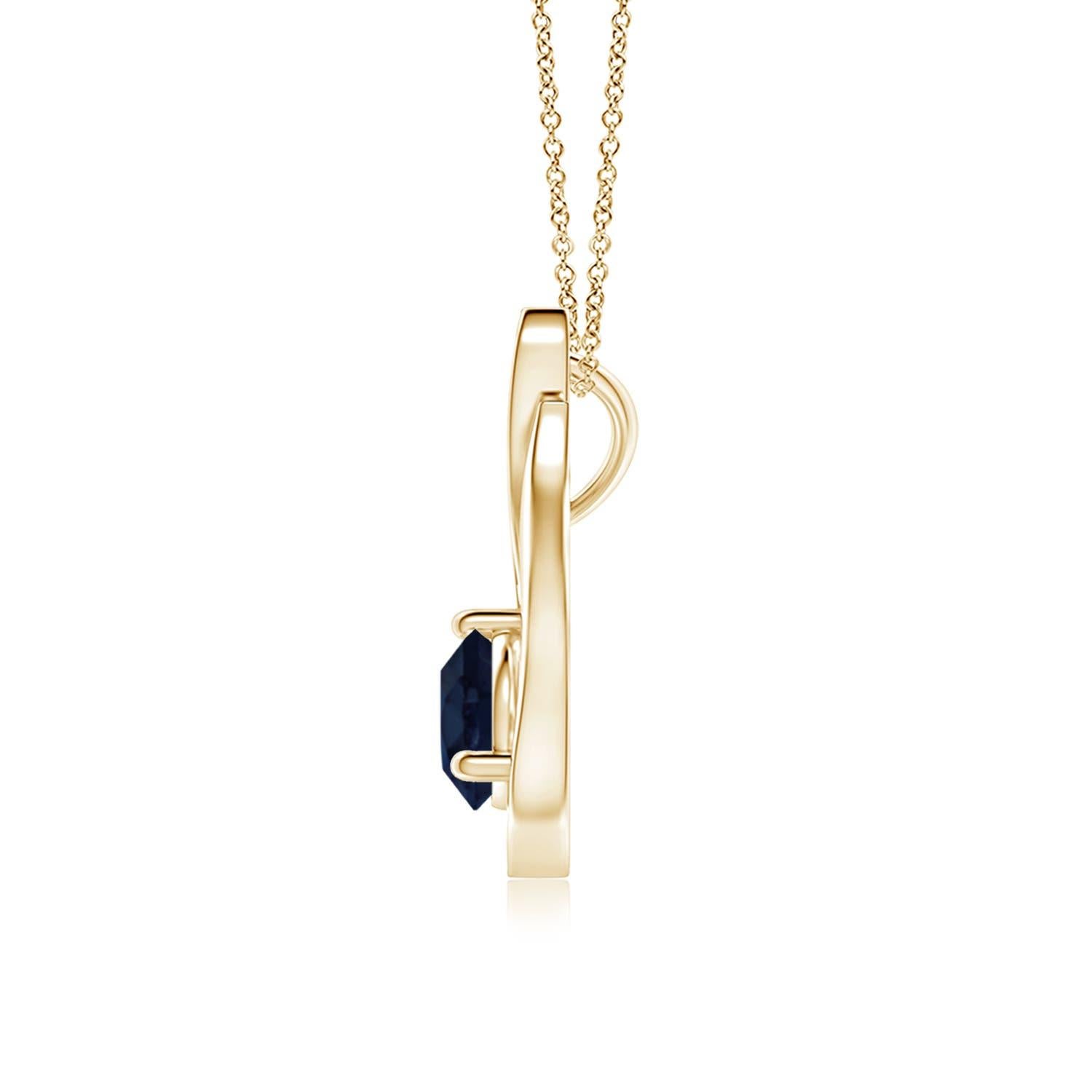 Un colgante tulipán de oro amarillo de 14k con un zafiro azul que te hipnotizará con su divino deslumbramiento. El diseño incluye un zafiro redondo engastado con diamantes que complementan a la perfección el brillo oceánico de la gema. Este colgante
