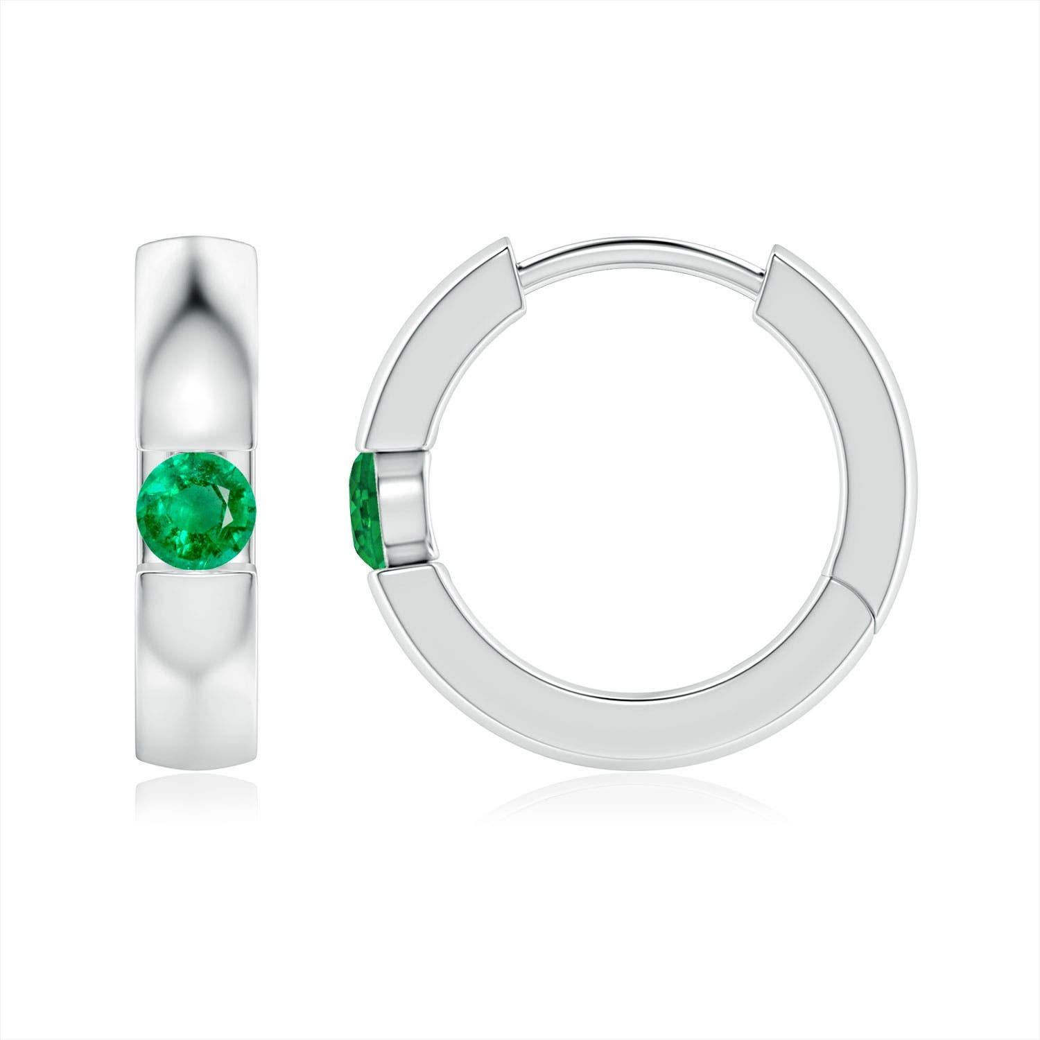 Pendientes de aro con bisagra de esmeralda redonda natural engastada en canal Angara de oro macizo de 14 quilates en Nuevo estado para la venta en Los Angeles, CA