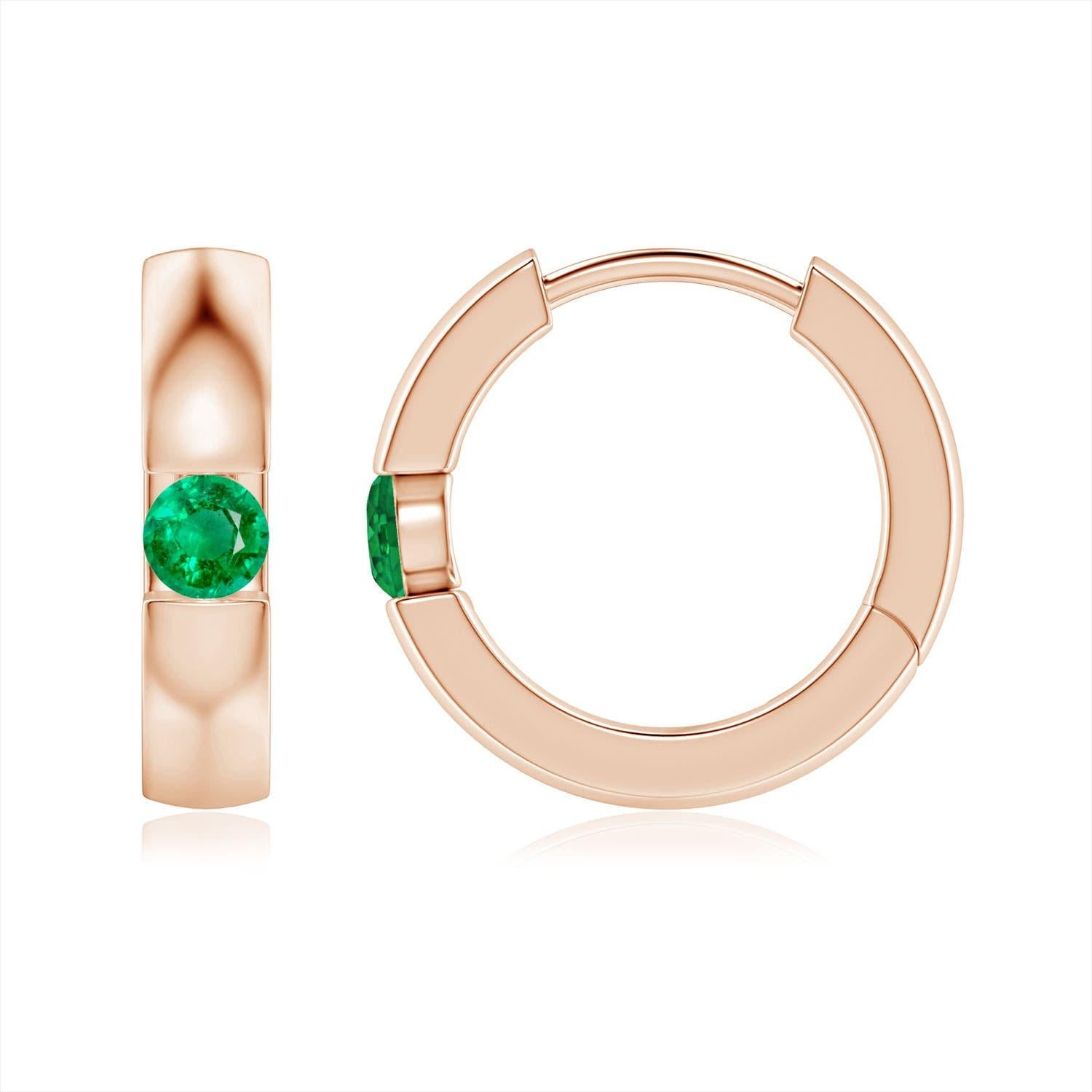 De las mujeres Pendientes de aro con bisagra de esmeralda redonda natural engastada en canal Angara de oro macizo de 14 quilates en venta