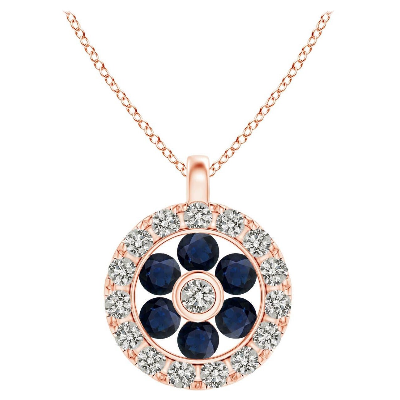 Pendentif fleur en or rose 14K avec saphir naturel serti en canal et diamant Angara