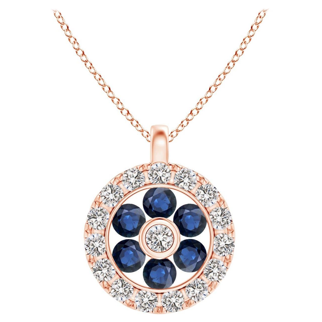 Pendentif fleur en or rose 14K avec saphir naturel serti en canal et diamant Angara en vente