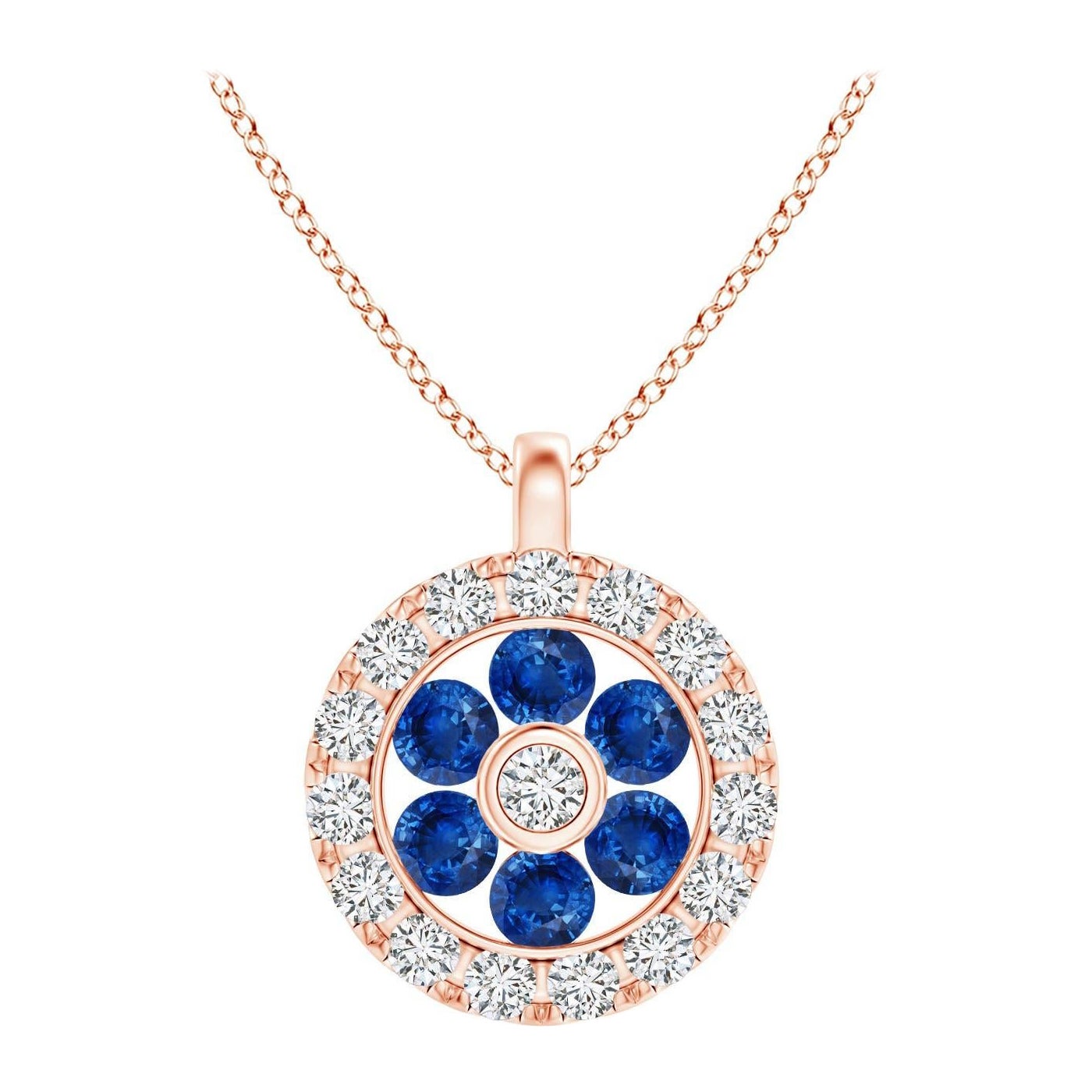 Pendentif fleur en or rose 14K avec saphir naturel serti en canal et diamant Angara