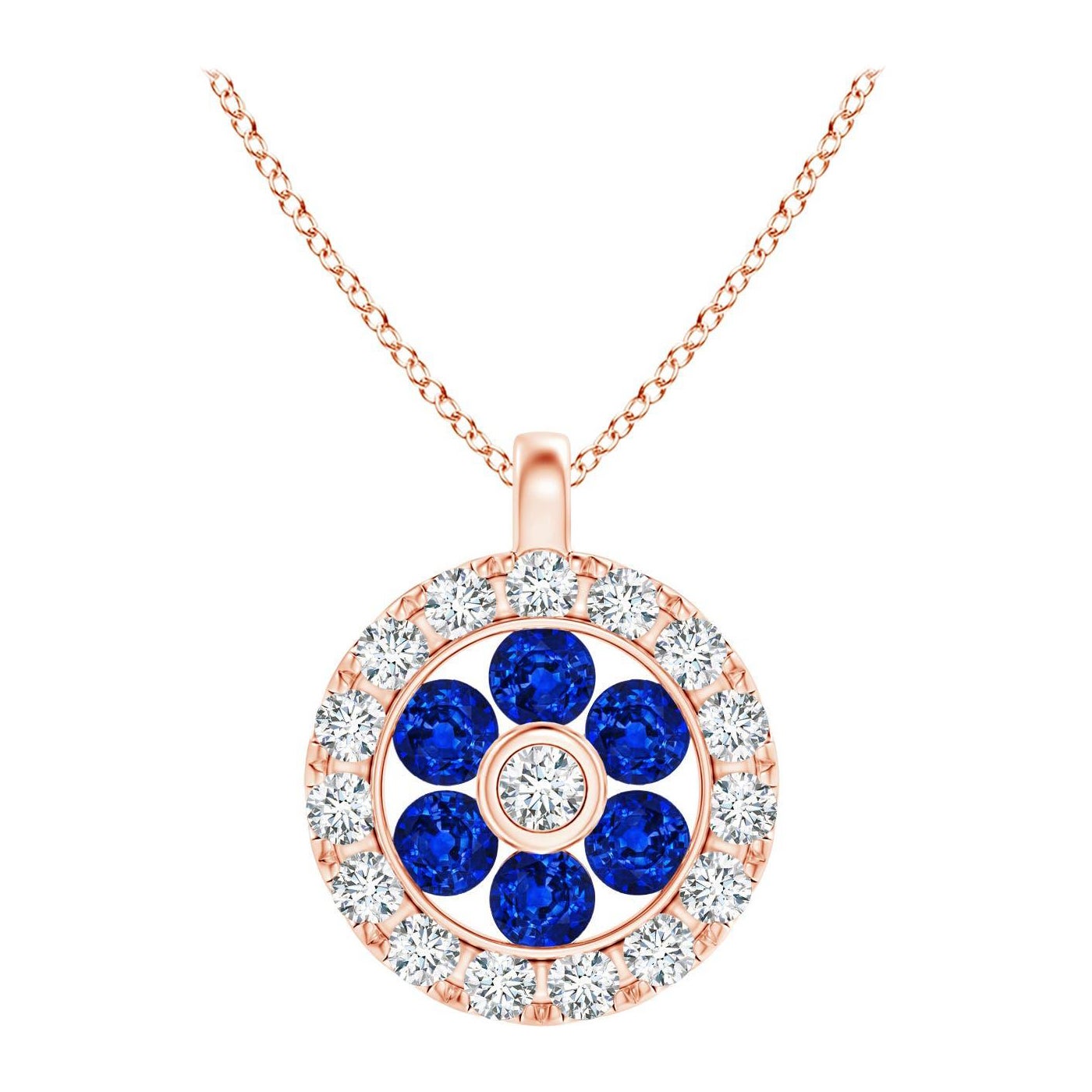 Pendentif fleur en or rose 14K avec saphir naturel serti en canal et diamant Angara en vente