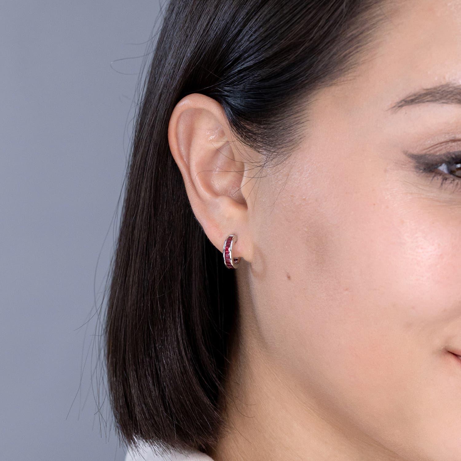 Modern Angara Natural Channel-Set Square 1.32 ct Ruby Huggie Hoop Earrings in 14K Gold For Sale