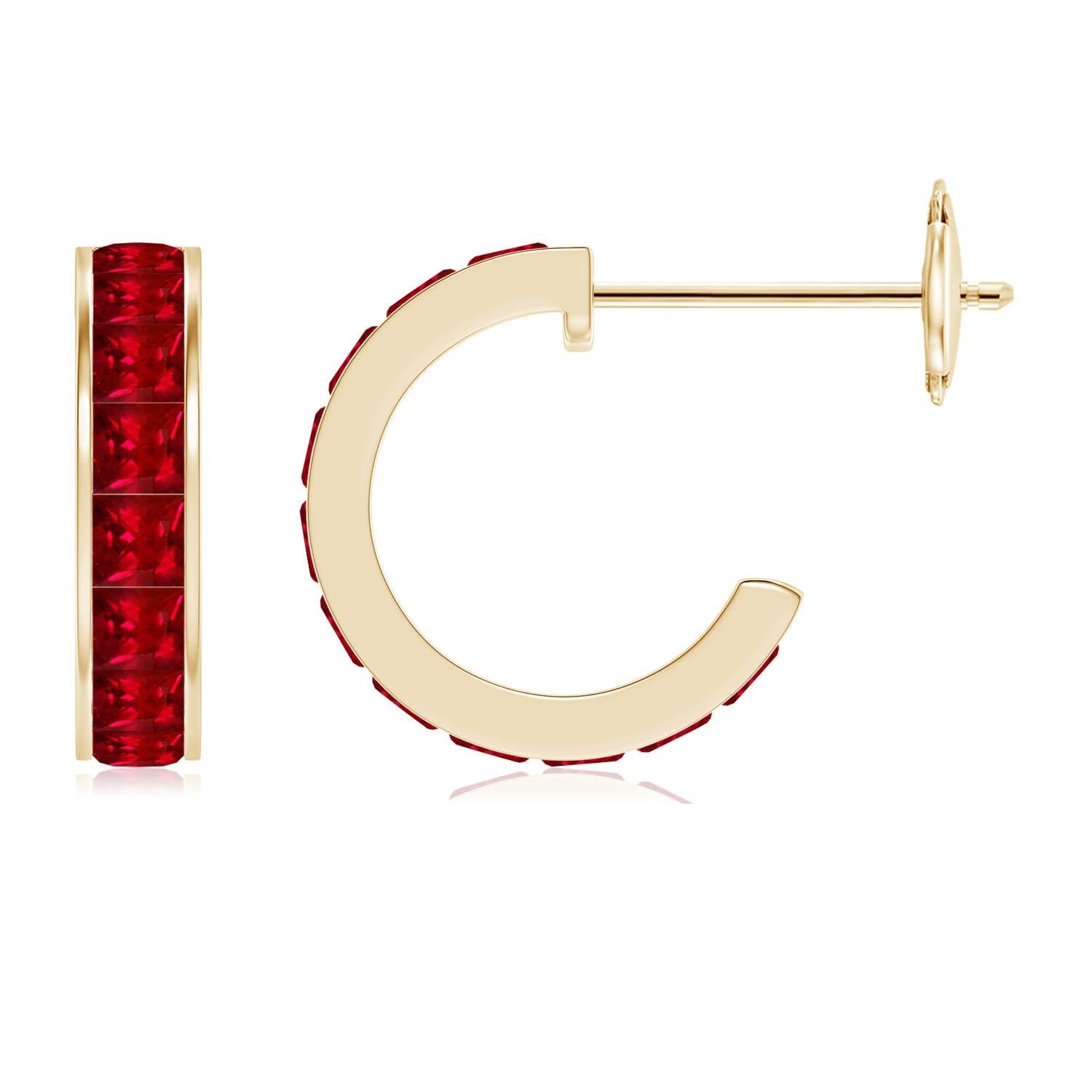 Angara Natural Channel-Set Square 1.32 ct Ruby Huggie Hoop Earrings in 14K Gold For Sale 1