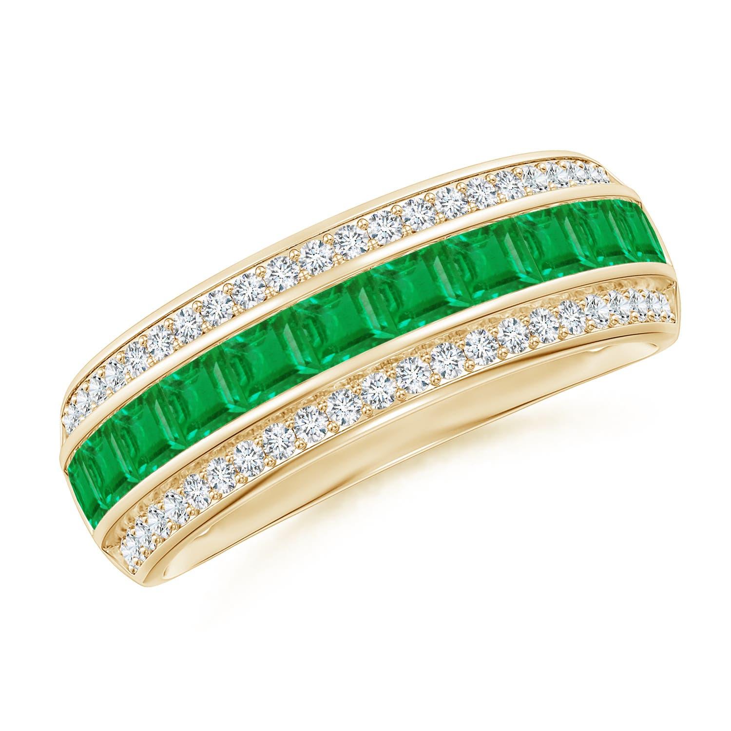 Anillo de diamantes y esmeraldas cuadradas naturales engarzadas en canal Angara, oro de 14 quilates en venta 1