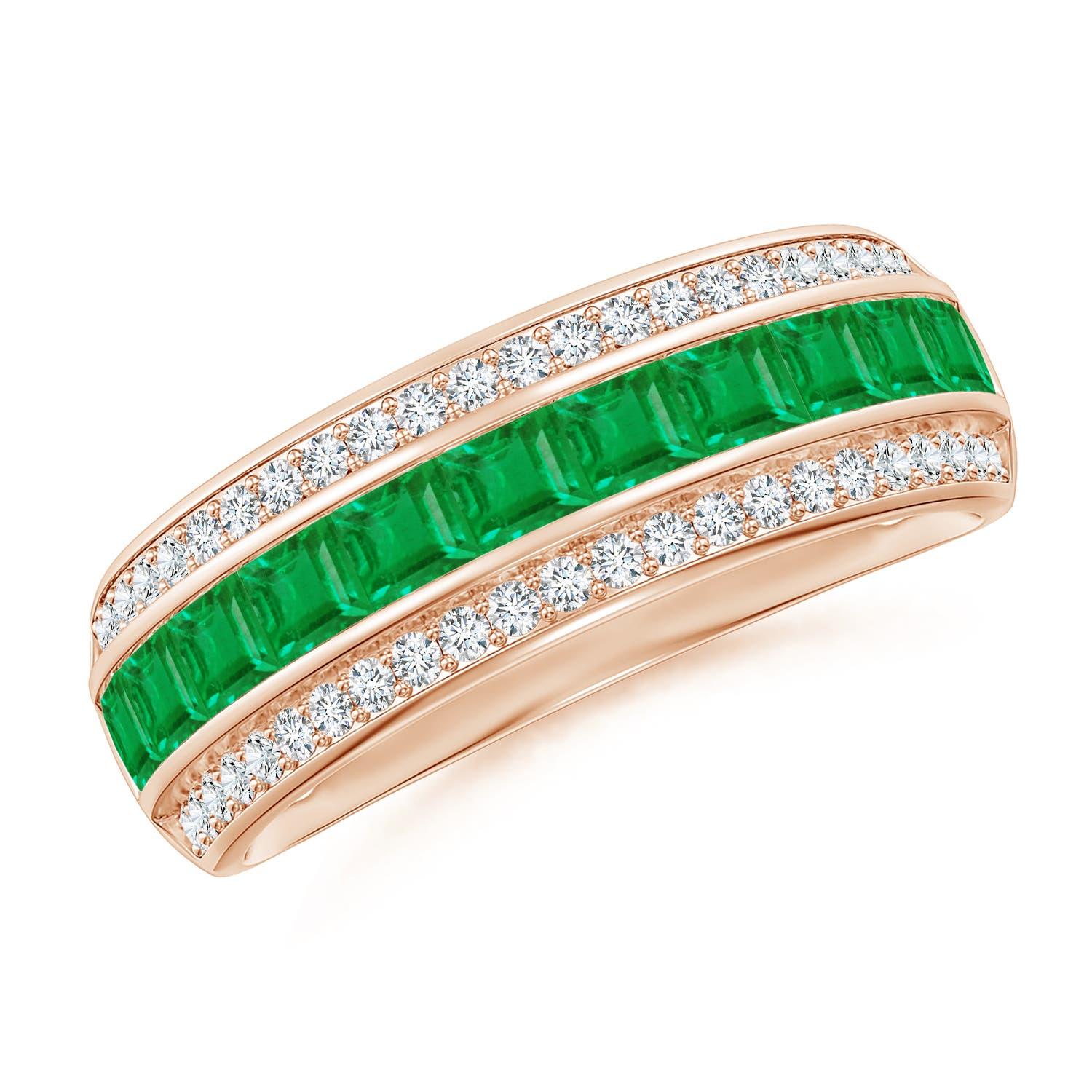 Anillo de diamantes y esmeraldas cuadradas naturales engarzadas en canal Angara, oro de 14 quilates en venta 2