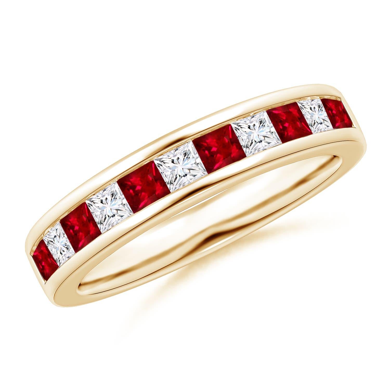 Angara Anillo de Eternidad de Rubí Cuadrado de Canal Natural y Diamante en Oro Macizo de 14K en venta 1
