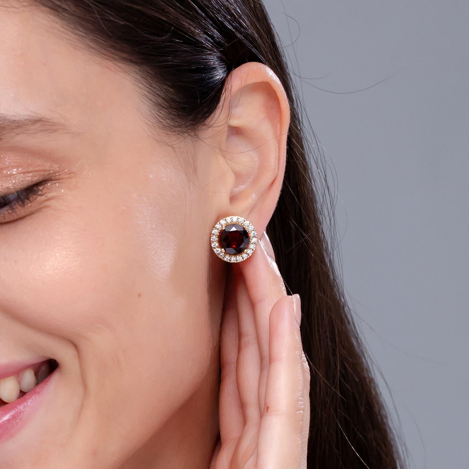 Modern Angara Natural Classic 9 ct Garnet and Diamond Halo Stud Earrings in 14K Gold For Sale