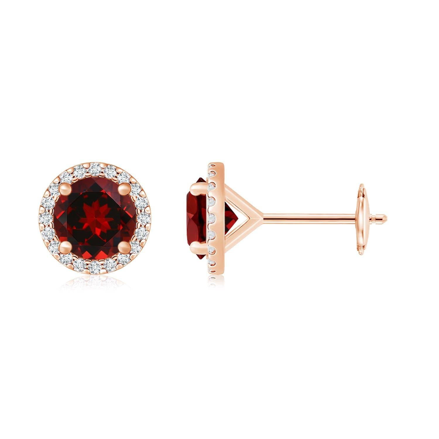 Women's Angara Natural Classic 9 ct Garnet and Diamond Halo Stud Earrings in 14K Gold For Sale