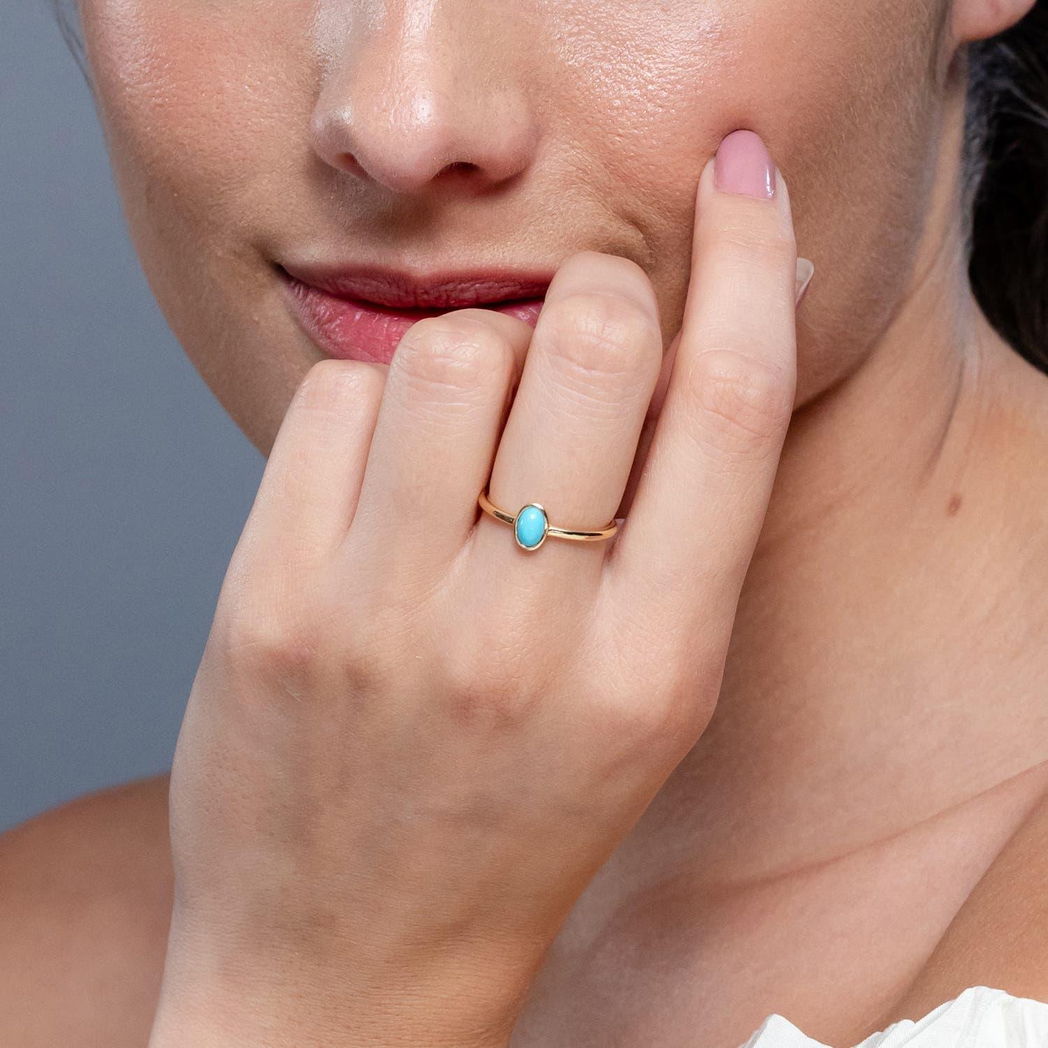Taglio ovale Anello Angara con turchese ovale classico naturale incastonato in oro massiccio 14K per donna in vendita