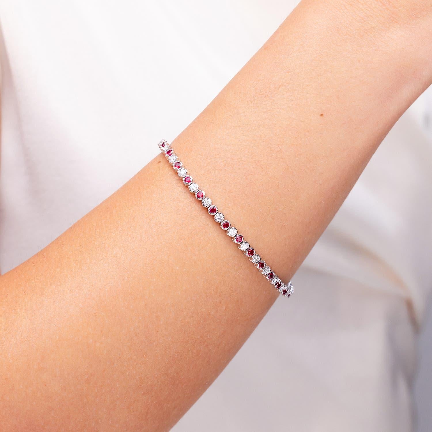 Modern Angara Natural Classic Round 3.6 ct Ruby and Diamond Tennis Bracelet in 14K Gold For Sale
