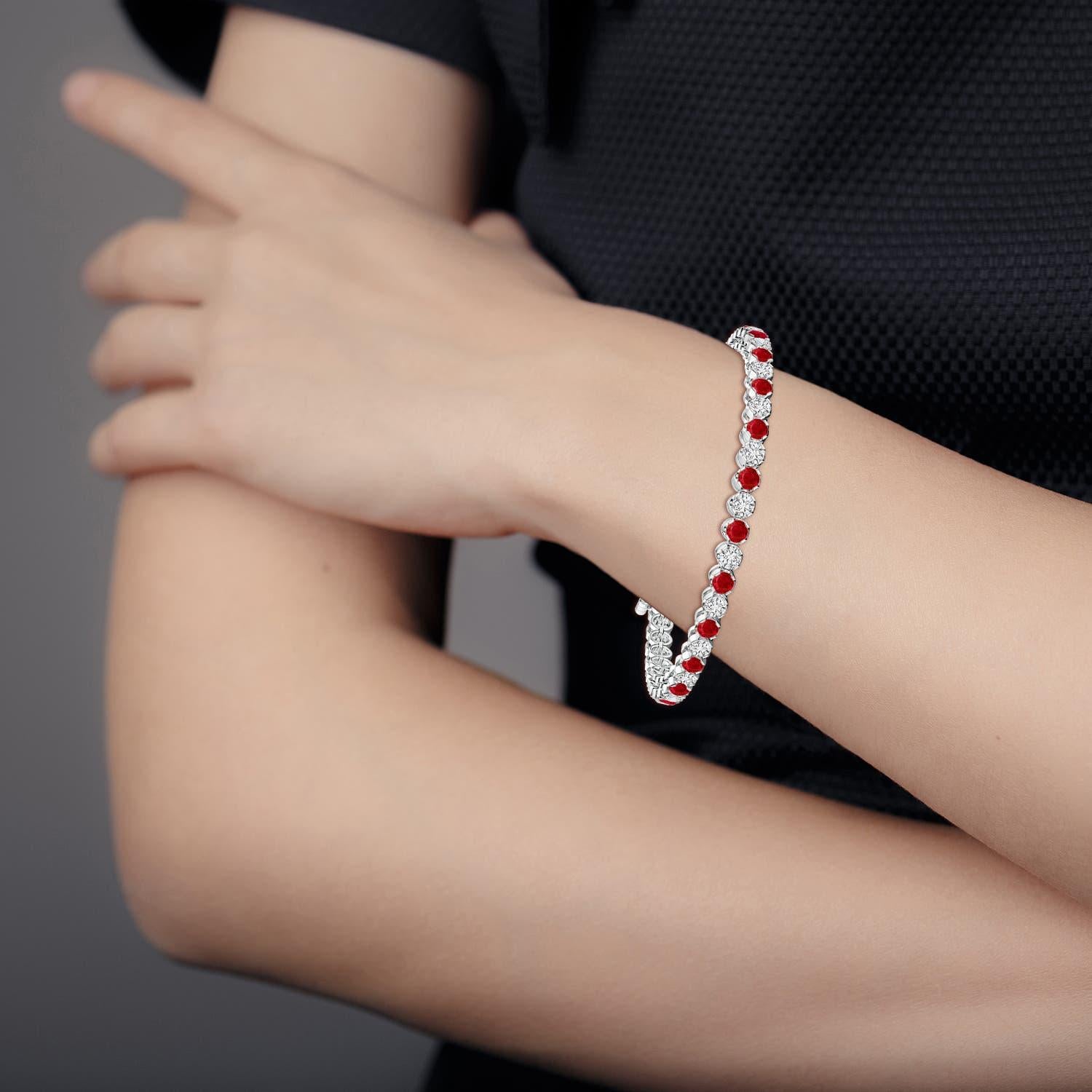 Round Cut Angara Natural Classic Round 3.6 ct Ruby and Diamond Tennis Bracelet in 14K Gold For Sale