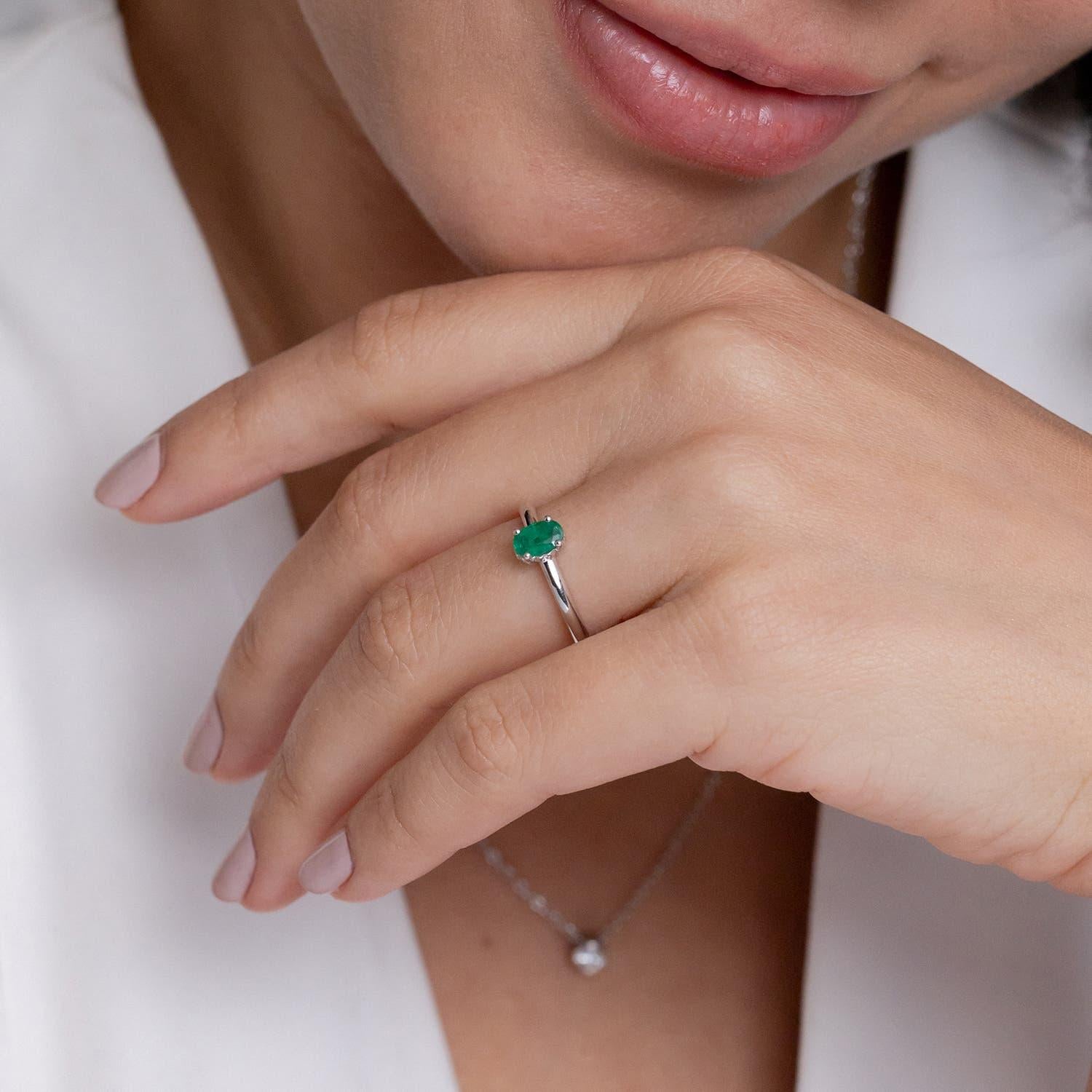 Oval Cut Angara Natural Classic Solitaire Oval Emerald Promise Ring in 14K Solid Gold For Sale