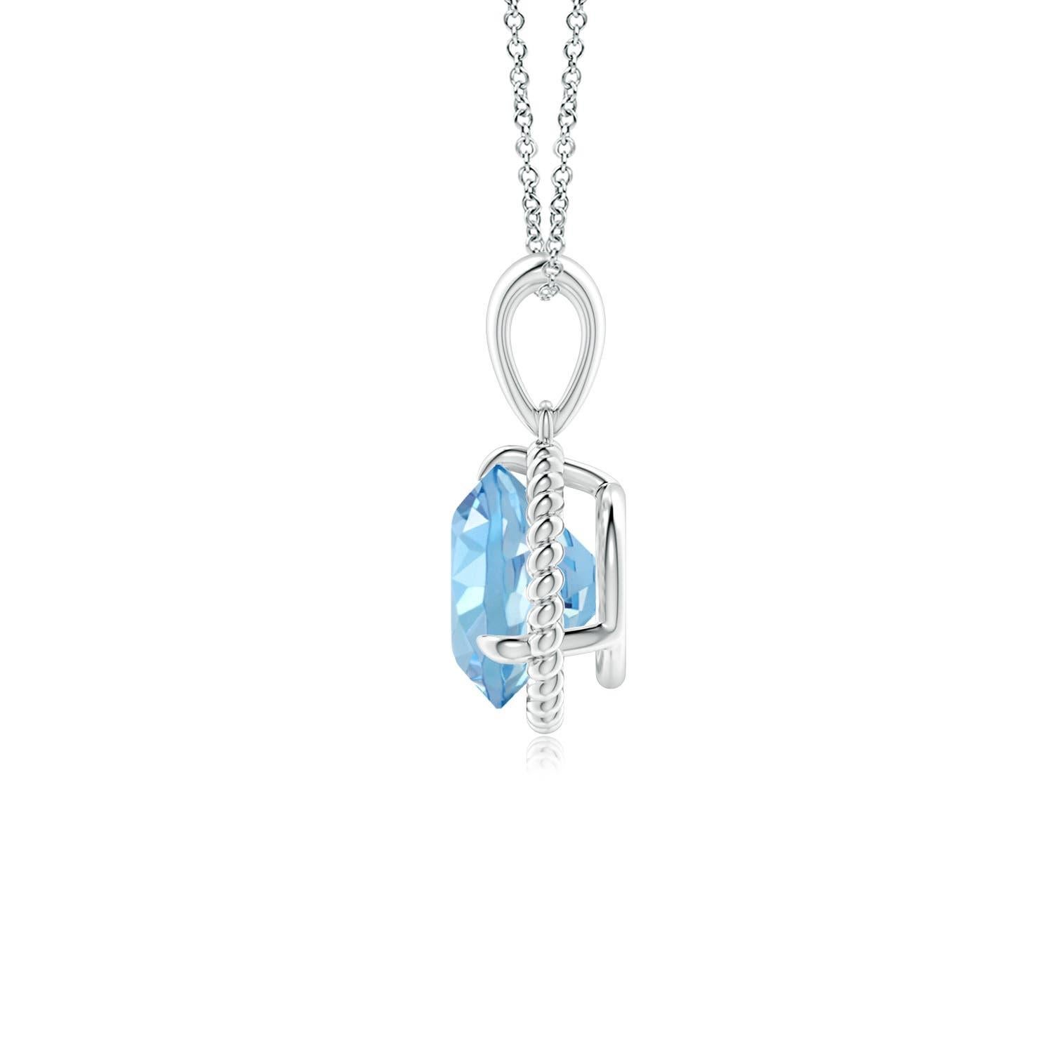 Dieser Aquamarin-Solitär-Anhänger aus 14-karätigem Weißgold strahlt Schlichtheit mit einem Hauch von Eleganz aus. Der runde, mit Zacken besetzte Aquamarin ist von einem gedrehten Seilrahmen umgeben, der dem Design einen Hauch von Einzigartigkeit