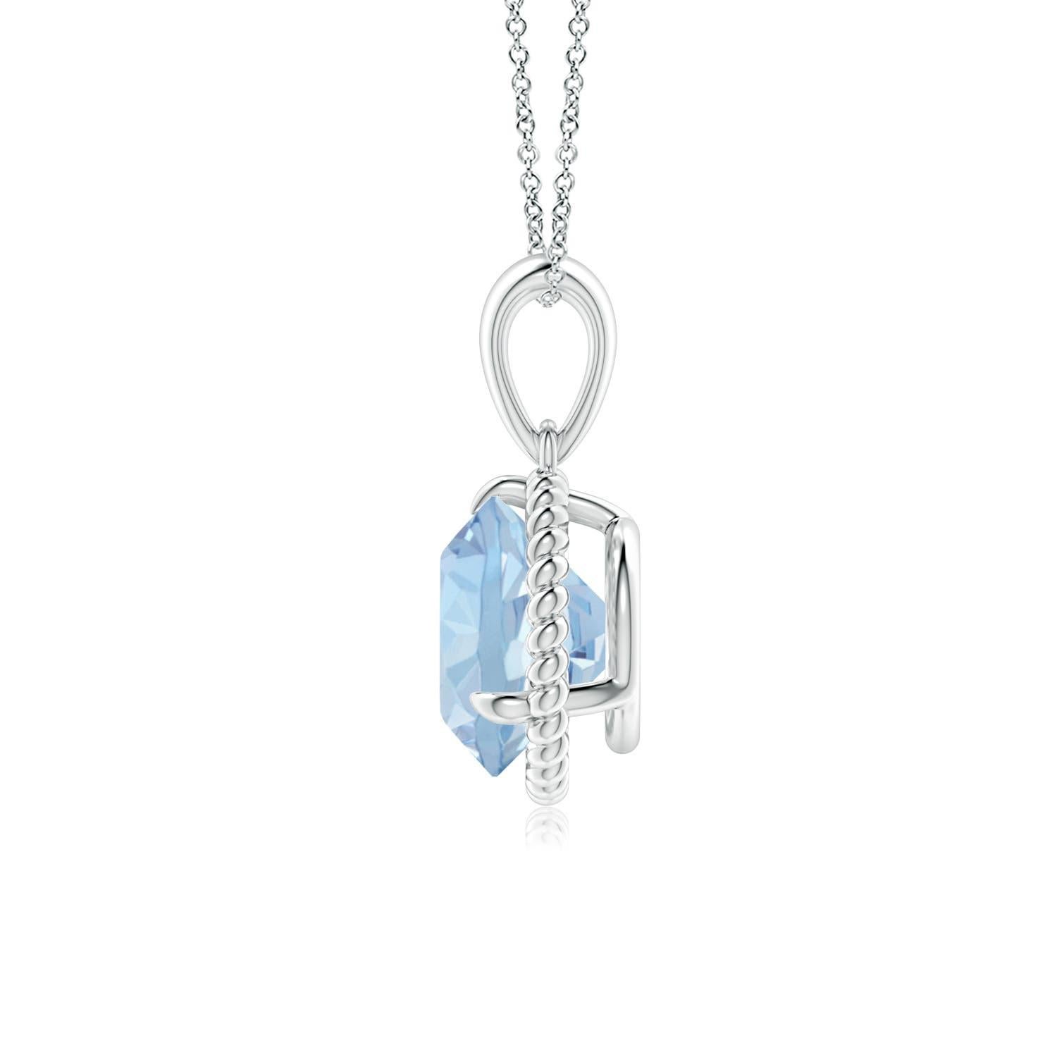 Dieser Aquamarin-Solitär-Anhänger aus 14-karätigem Weißgold strahlt Schlichtheit mit einem Hauch von Eleganz aus. Der runde, mit Zacken besetzte Aquamarin ist von einem gedrehten Seilrahmen umgeben, der dem Design einen Hauch von Einzigartigkeit