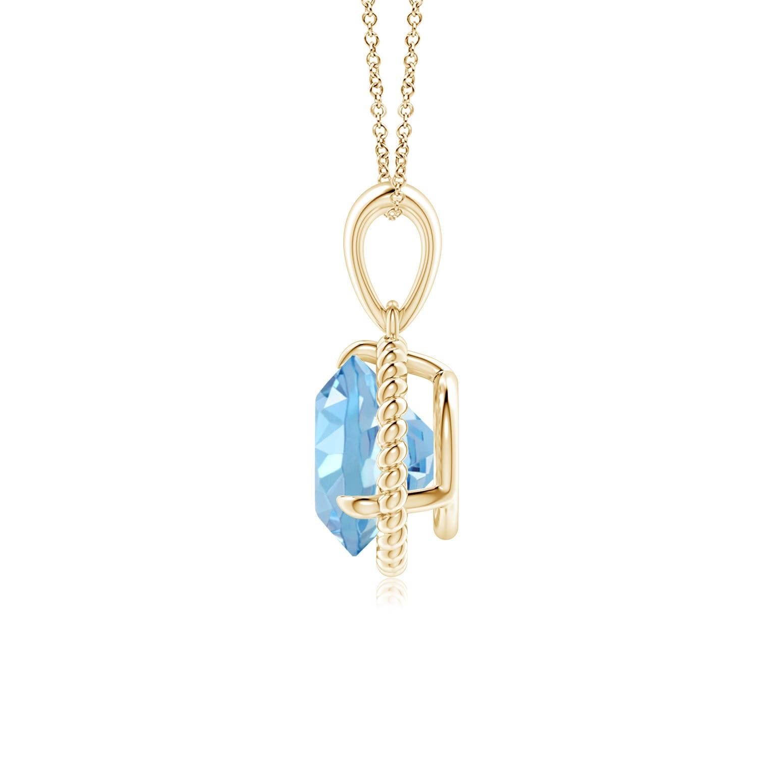 Dieser Aquamarin-Solitär-Anhänger aus 14-karätigem Gelbgold strahlt Schlichtheit mit einem Hauch von Eleganz aus. Der runde, mit Zacken besetzte Aquamarin ist von einem gedrehten Seilrahmen umgeben, der dem Design einen Hauch von Einzigartigkeit