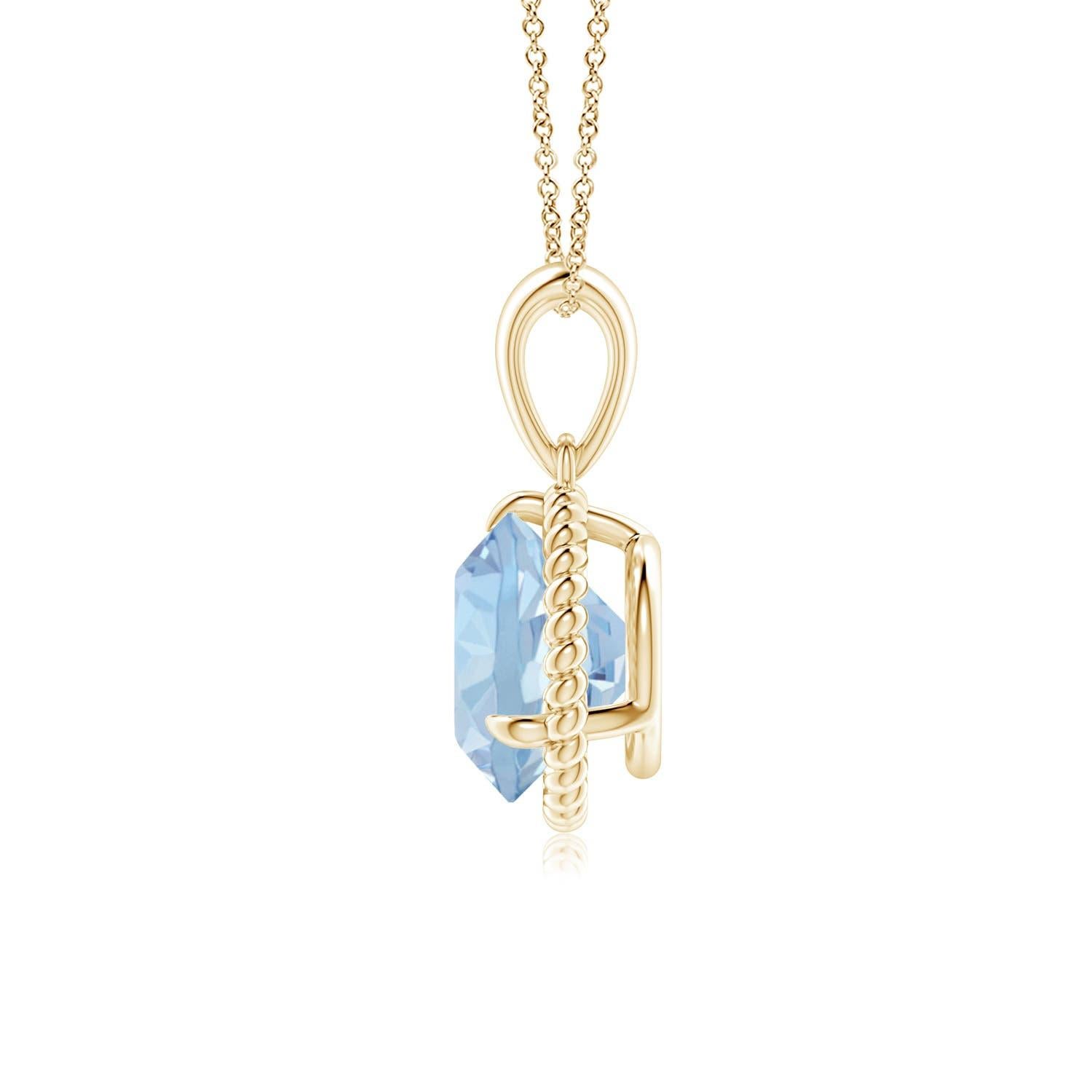 Dieser Aquamarin-Solitär-Anhänger aus 14-karätigem Gelbgold strahlt Schlichtheit mit einem Hauch von Eleganz aus. Der runde, mit Zacken besetzte Aquamarin ist von einem gedrehten Seilrahmen umgeben, der dem Design einen Hauch von Einzigartigkeit
