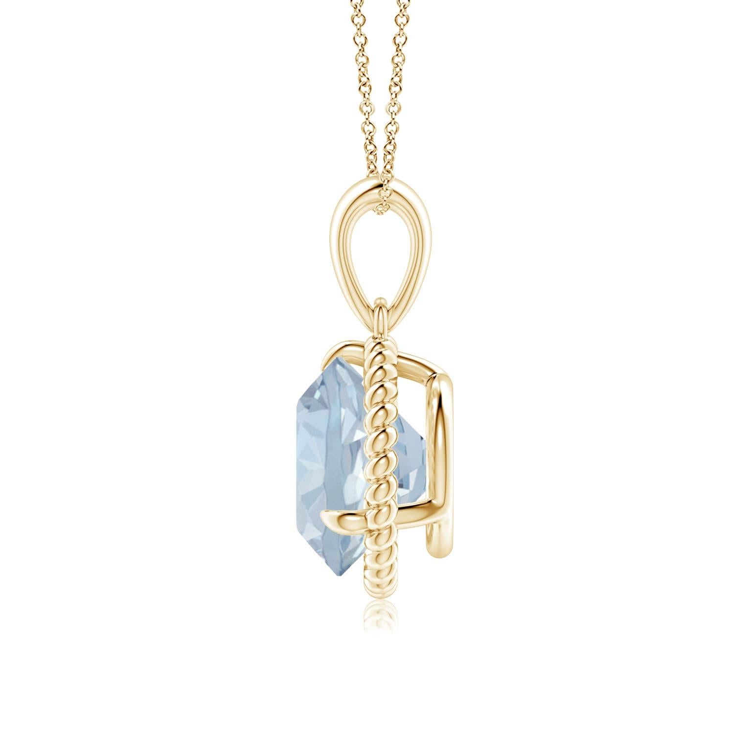 Dieser Aquamarin-Solitär-Anhänger aus 14-karätigem Gelbgold strahlt Schlichtheit mit einem Hauch von Eleganz aus. Der runde, mit Zacken besetzte Aquamarin ist von einem gedrehten Seilrahmen umgeben, der dem Design einen Hauch von Einzigartigkeit
