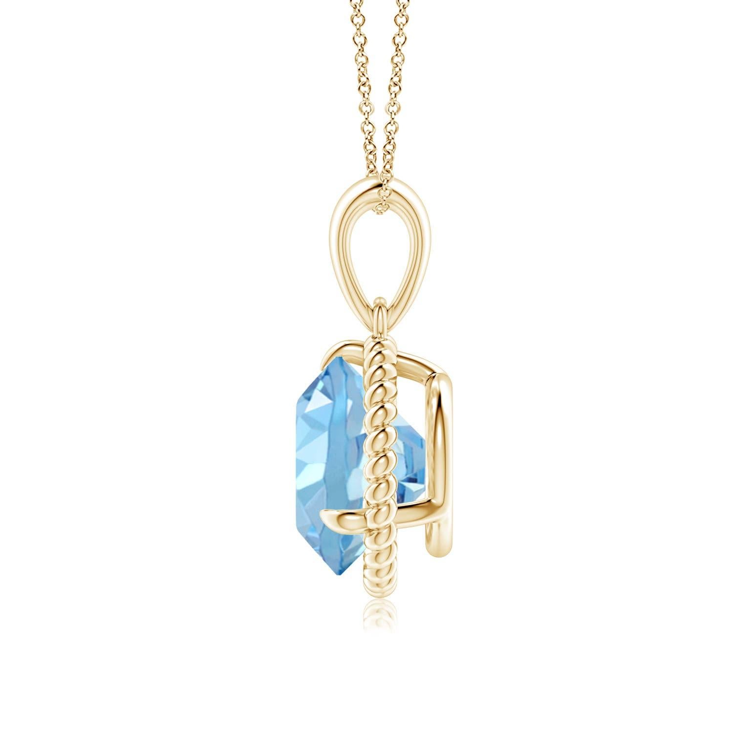 Dieser Aquamarin-Solitär-Anhänger aus 14-karätigem Gelbgold strahlt Schlichtheit mit einem Hauch von Eleganz aus. Der runde, mit Zacken besetzte Aquamarin ist von einem gedrehten Seilrahmen umgeben, der dem Design einen Hauch von Einzigartigkeit