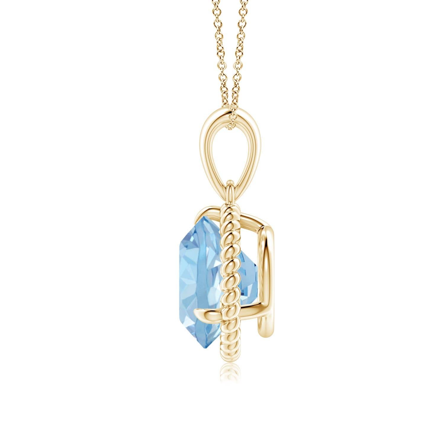 Dieser Aquamarin-Solitär-Anhänger aus 14-karätigem Gelbgold strahlt Schlichtheit mit einem Hauch von Eleganz aus. Der runde, mit Zacken besetzte Aquamarin ist von einem gedrehten Seilrahmen umgeben, der dem Design einen Hauch von Einzigartigkeit