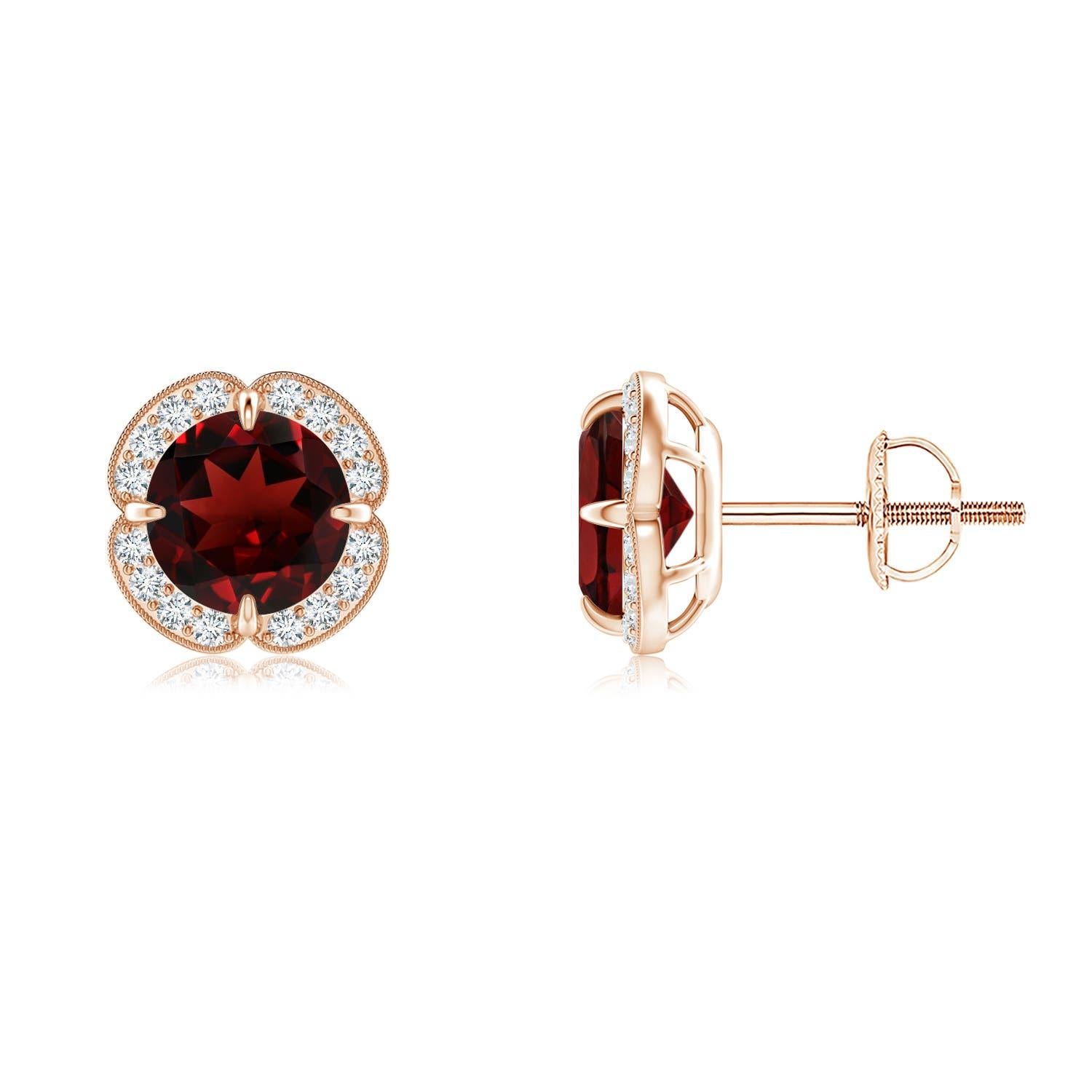 Angara - Boucles d'oreilles trèfle en or massif 14 carats, grenat naturel, serti clos, 2ct Neuf - En vente à Los Angeles, CA