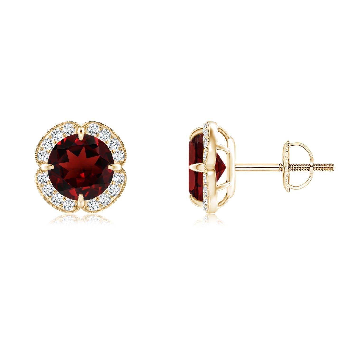 Angara - Boucles d'oreilles trèfle en or massif 14 carats, grenat naturel, serti clos, 2ct Pour femmes en vente