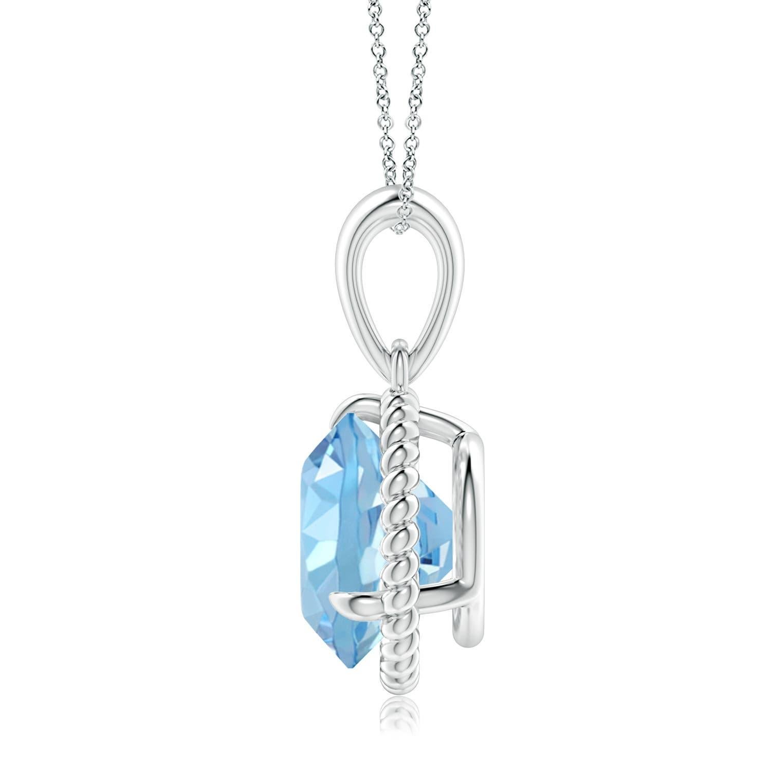 Eleganza e semplicità, questo ciondolo con solitario di acquamarina è realizzato in oro bianco 14k. L'acquamarina rotonda con artiglio incastonato è circondata da una cornice di corda attorcigliata che conferisce un tocco di unicità al