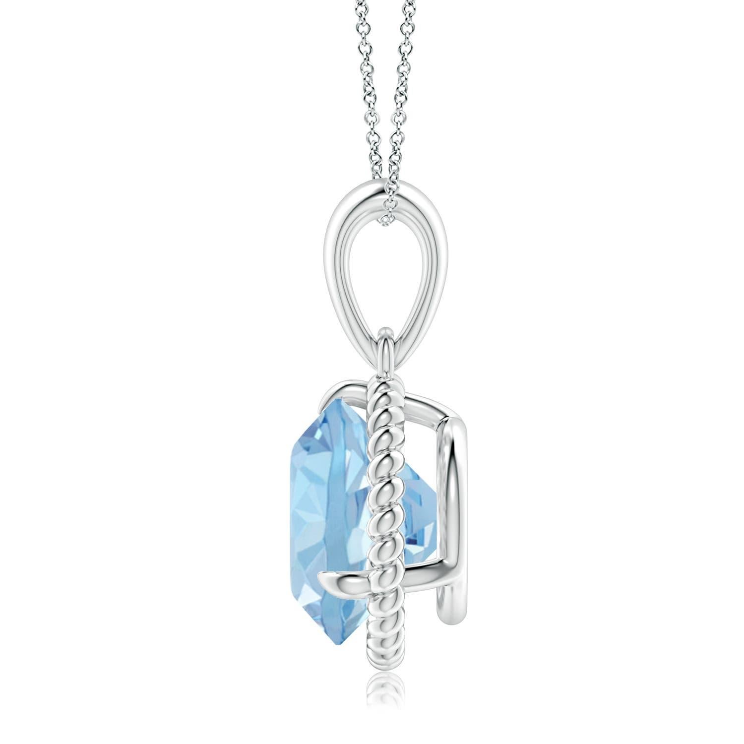 Dieser Aquamarin-Solitär-Anhänger aus 14-karätigem Weißgold strahlt Schlichtheit mit einem Hauch von Eleganz aus. Der runde, mit Zacken besetzte Aquamarin ist von einem gedrehten Seilrahmen umgeben, der dem Design einen Hauch von Einzigartigkeit