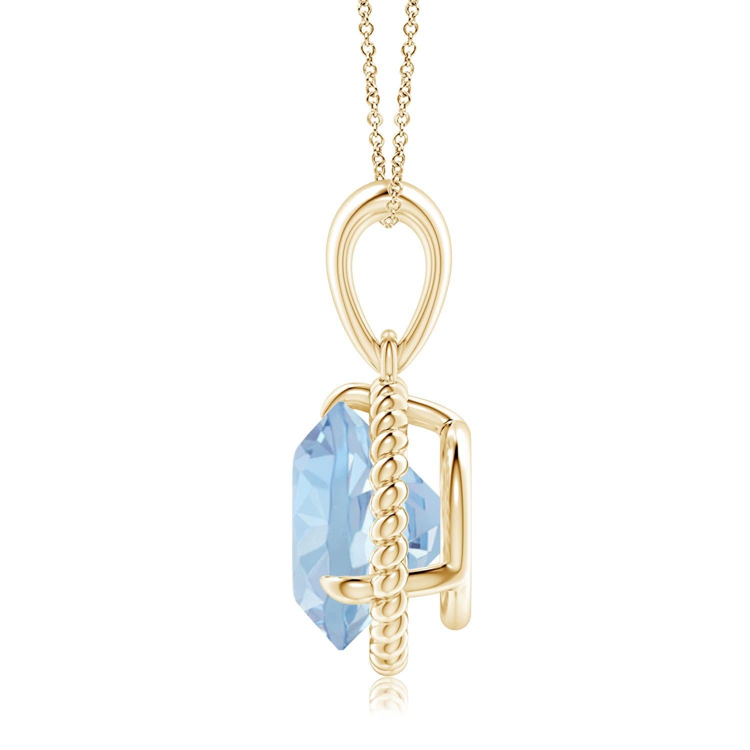 Dieser Aquamarin-Solitär-Anhänger aus 14-karätigem Gelbgold strahlt Schlichtheit mit einem Hauch von Eleganz aus. Der runde, mit Zacken besetzte Aquamarin ist von einem gedrehten Seilrahmen umgeben, der dem Design einen Hauch von Einzigartigkeit