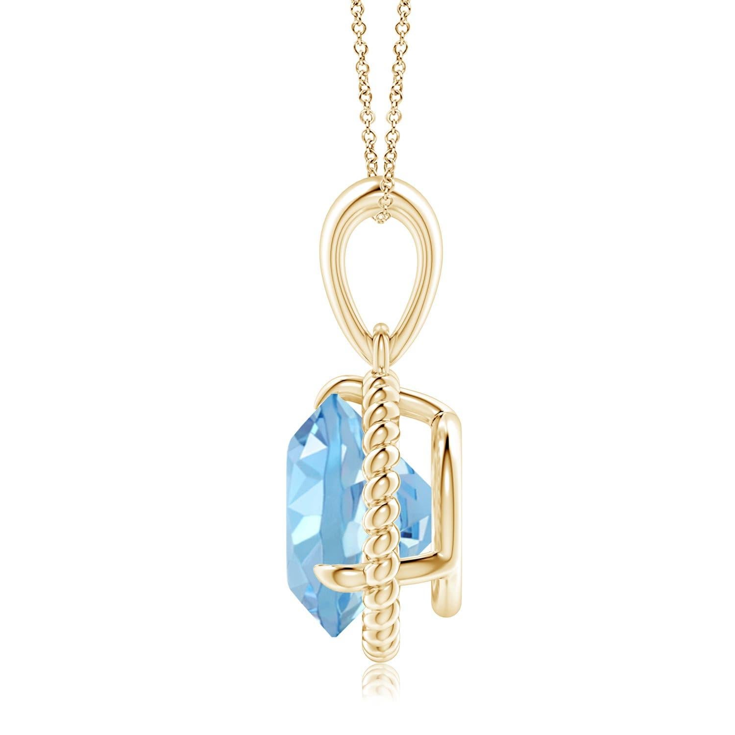 Dieser Aquamarin-Solitär-Anhänger aus 14-karätigem Gelbgold strahlt Schlichtheit mit einem Hauch von Eleganz aus. Der runde, mit Zacken besetzte Aquamarin ist von einem gedrehten Seilrahmen umgeben, der dem Design einen Hauch von Einzigartigkeit