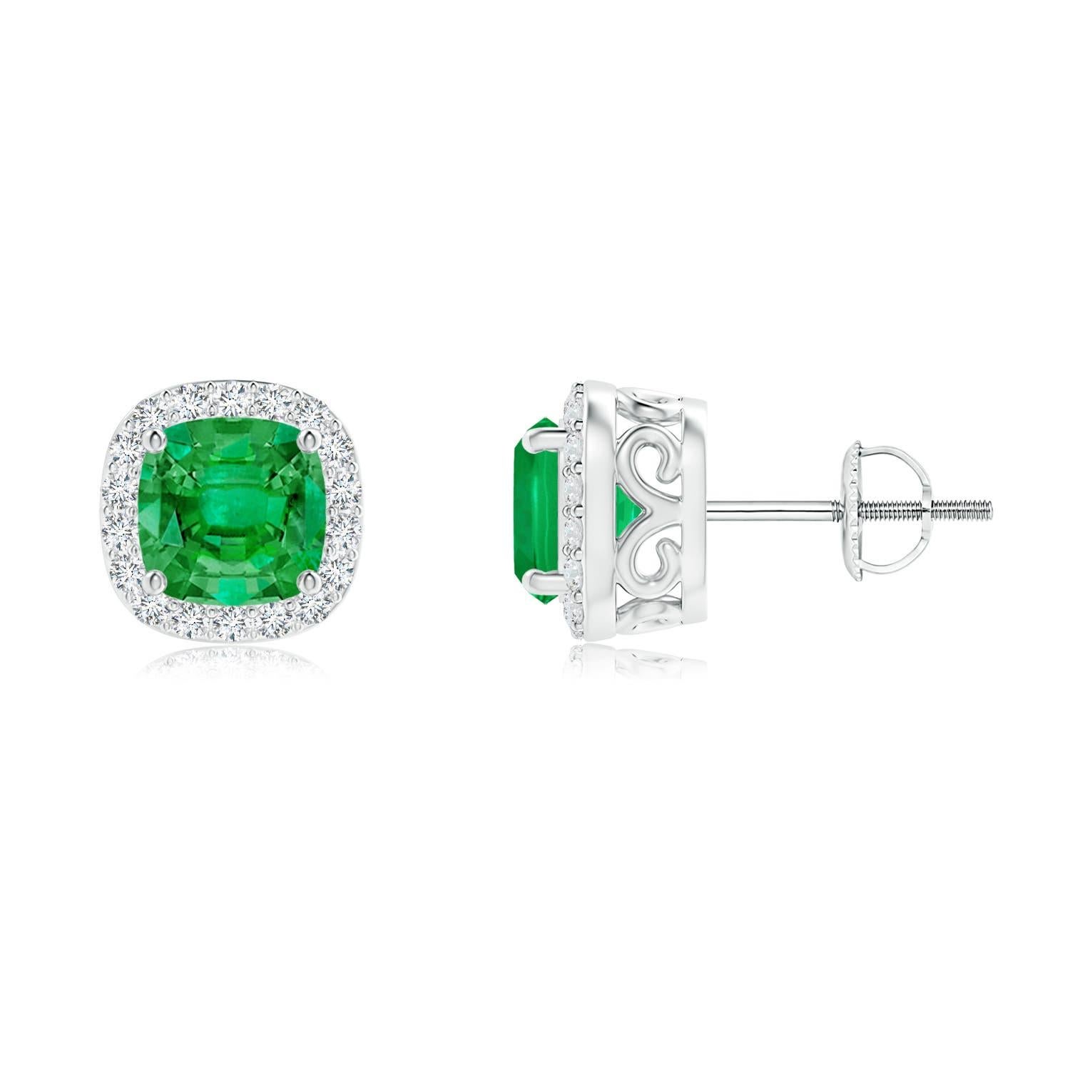 Angara Natural Cushion 1.1 ct Emerald Studs with Diamond Halo in 14K Solid Gold (Clous d'oreilles en or massif 14K) Pour femmes en vente