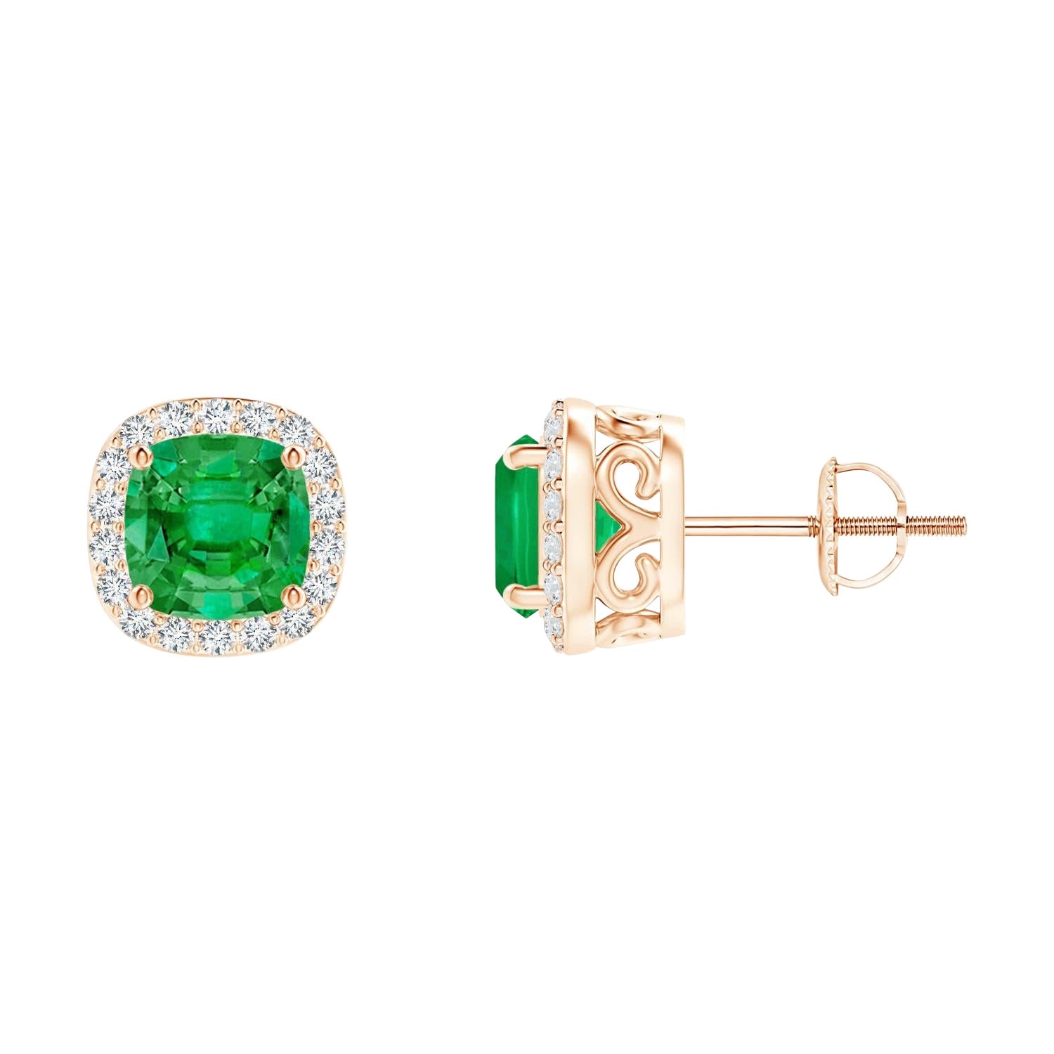Angara Natural Cushion 1.1 ct Emerald Studs with Diamond Halo in 14K Solid Gold (Clous d'oreilles en or massif 14K)