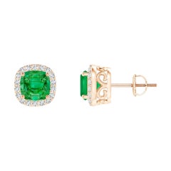 Angara Natural Cushion 1.1 ct Emerald Studs with Diamond Halo in 14K Solid Gold (Clous d'oreilles en or massif 14K)