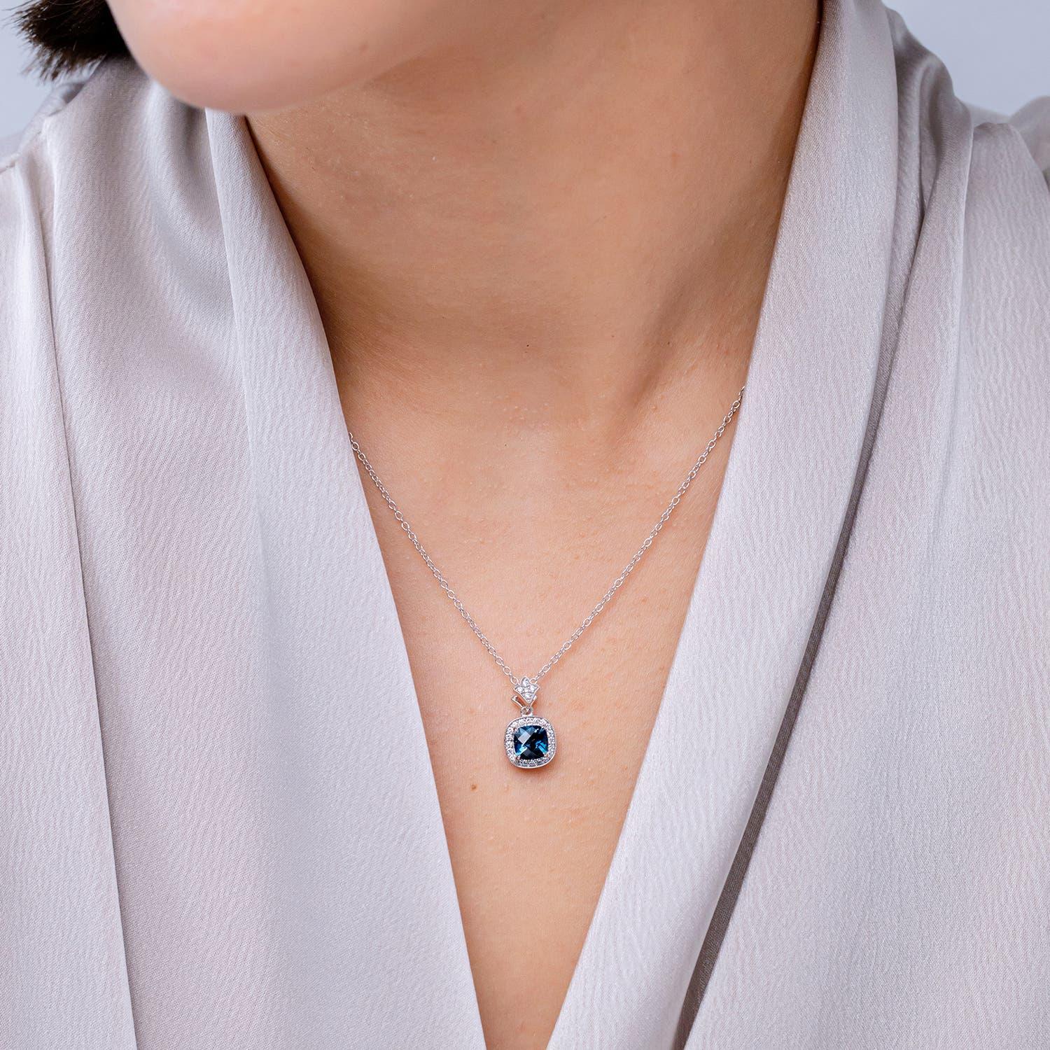 Modern Angara Natural Cushion 1.1 ct London Blue Topaz Halo Pendant in 14K Solid Gold For Sale