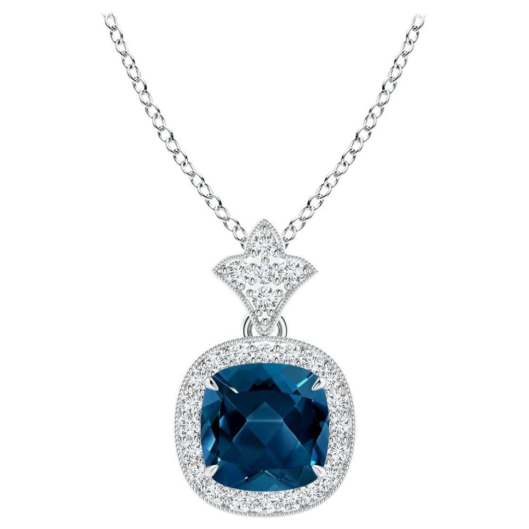 Angara Natural Cushion 1.1 ct London Blue Topaz Halo Pendant in 14K Solid Gold