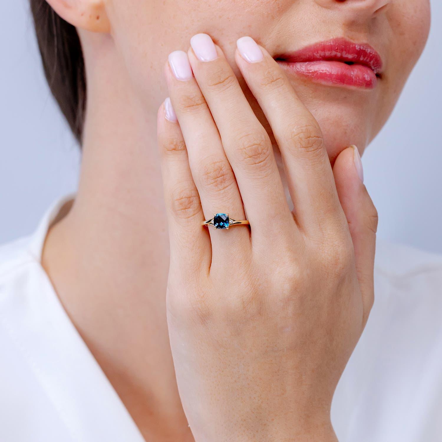 Cushion Cut Angara Natural Cushion 1.1 ct London Blue Topaz Solitaire Ring in 14K Solid Gold For Sale