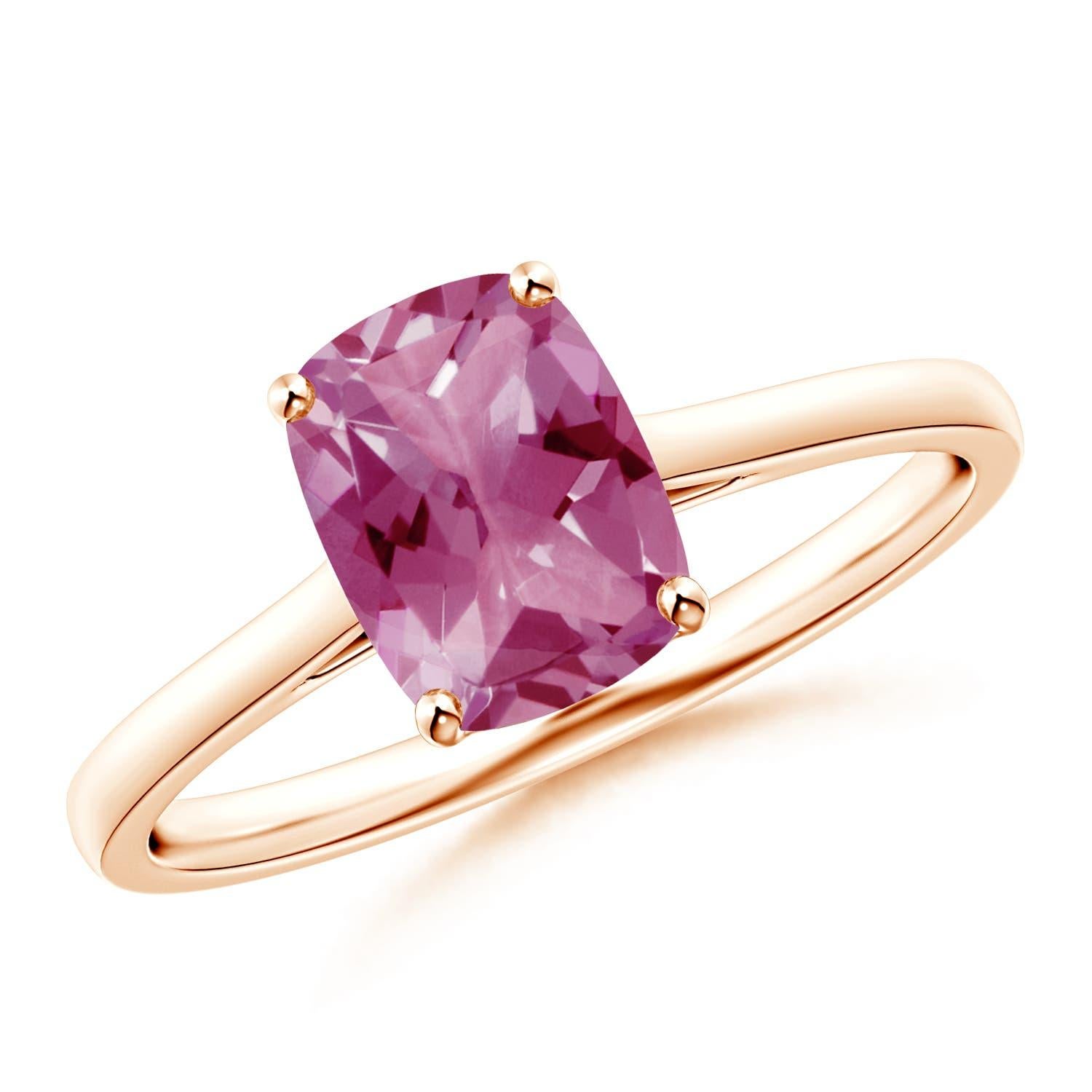 Anillo solitario de turmalina rosa Angara Natural Cushion de 1,23 ct en oro macizo de 14 quilates en venta 1