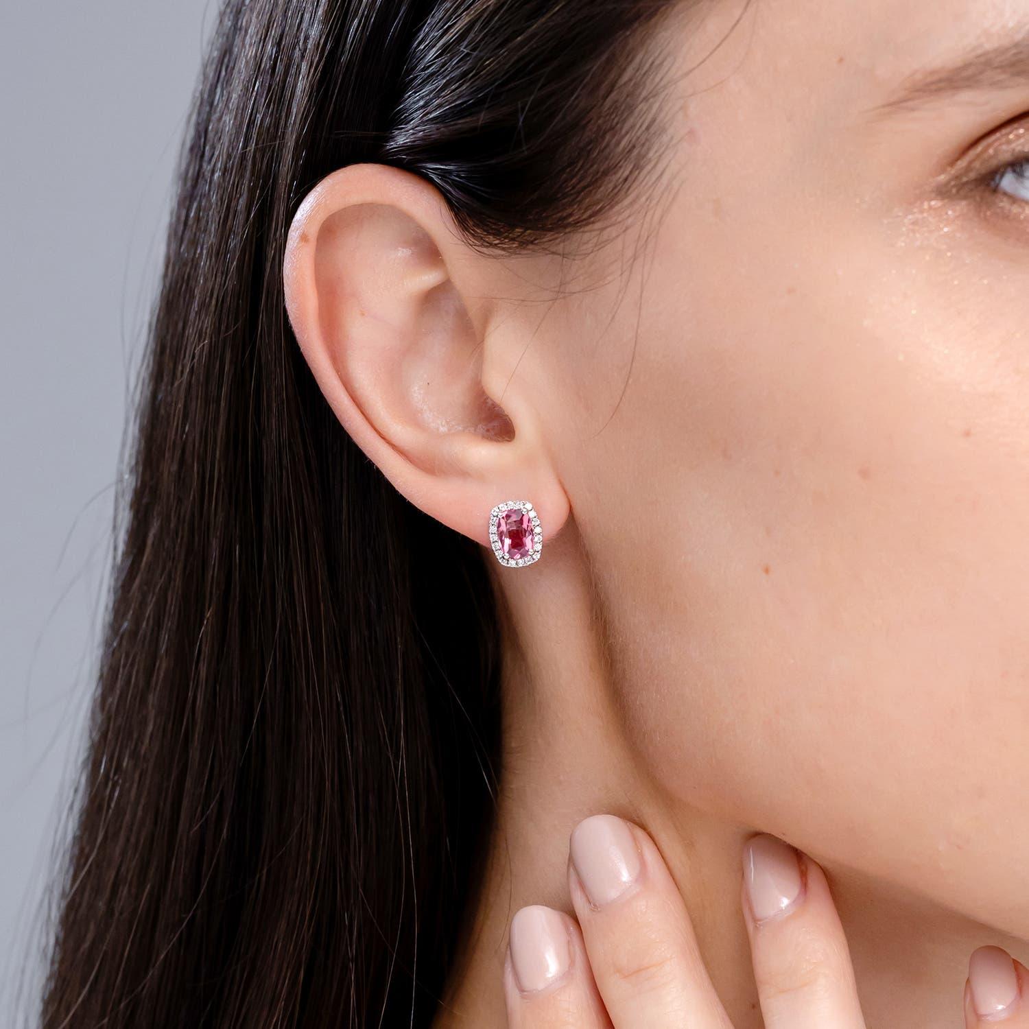 Moderne Angara Natural Cushion 1.4ct Pink Tourmaline & Diamond Stud Ears in 14K Gold en vente
