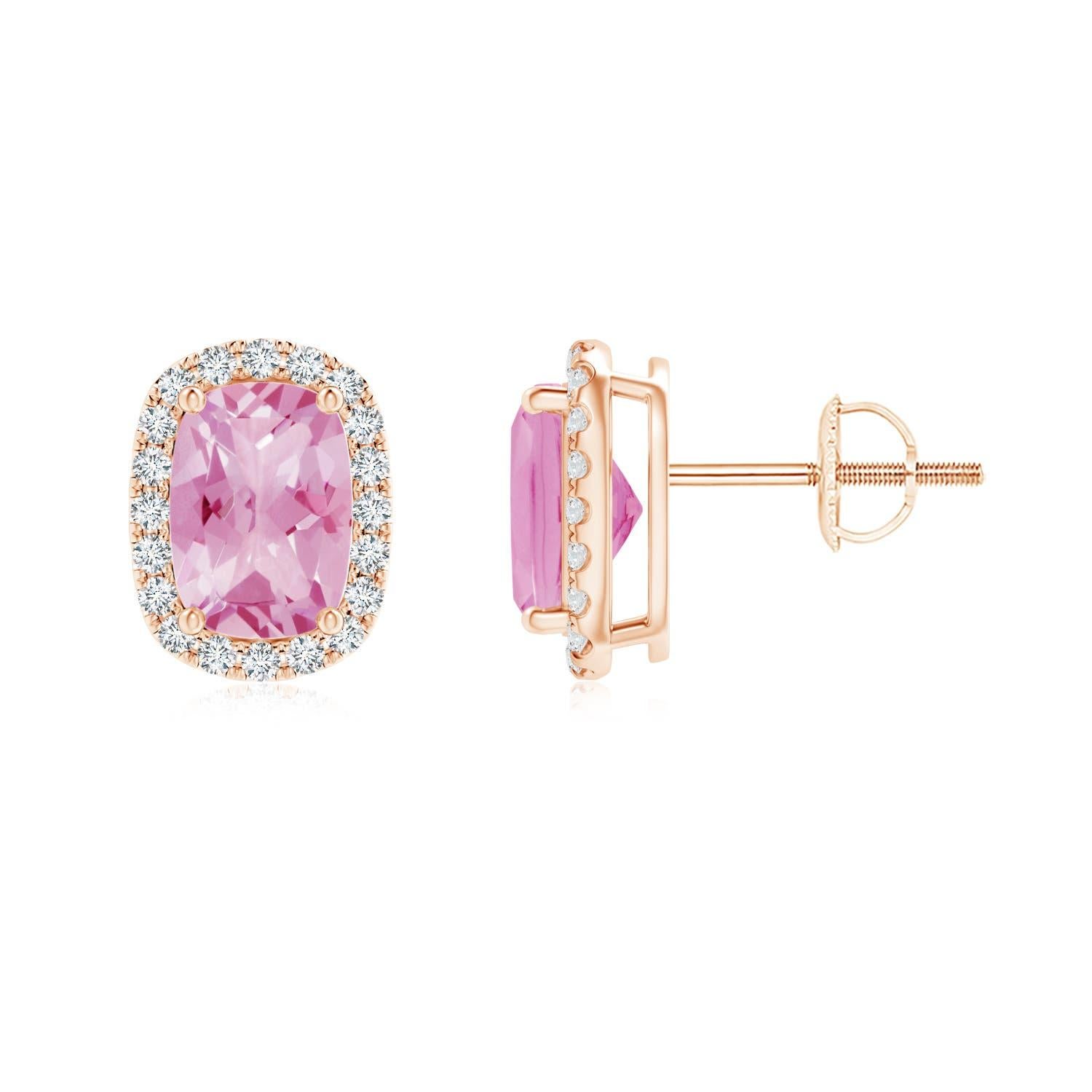 Taille coussin Angara Natural Cushion 1.4ct Pink Tourmaline & Diamond Stud Ears in 14K Gold en vente