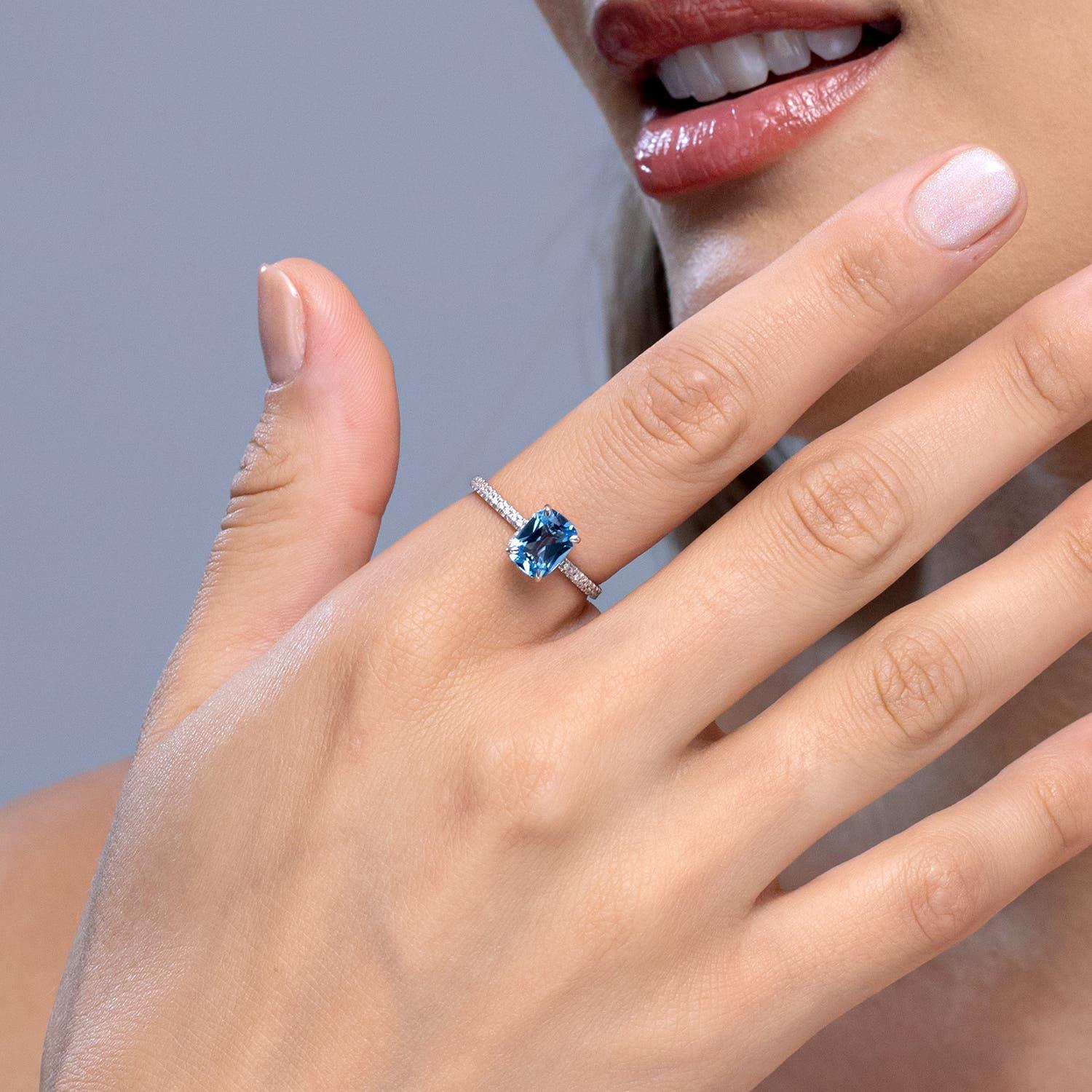 Modern Angara Natural Cushion 1.6ct Swiss Blue Topaz Ring with Diamond 14K Solid Gold For Sale