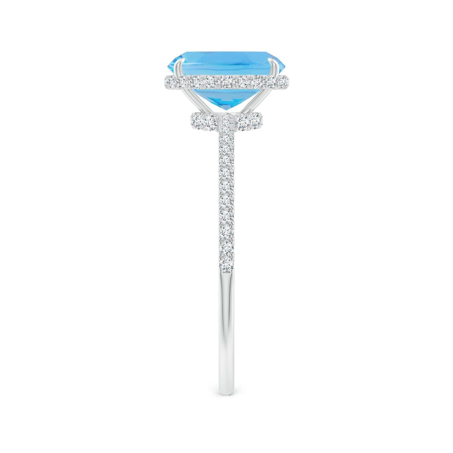 Cushion Cut Angara Natural Cushion 1.6ct Swiss Blue Topaz Ring with Diamond 14K Solid Gold For Sale
