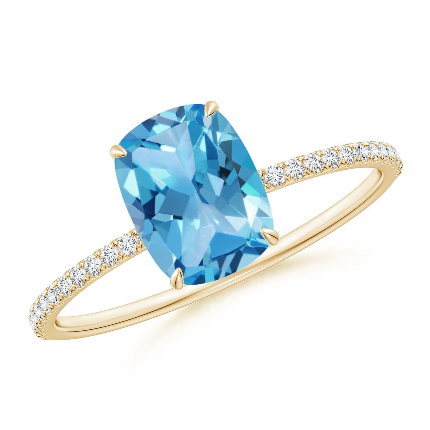 Angara Natural Cushion 1.6ct Swiss Blue Topaz Ring with Diamond 14K Solid Gold For Sale 1