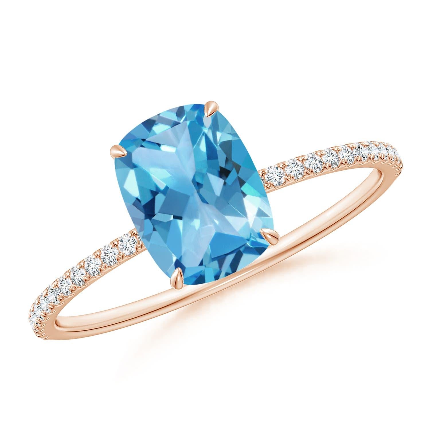 Angara Natural Cushion 1.6ct Swiss Blue Topaz Ring with Diamond 14K Solid Gold For Sale 2
