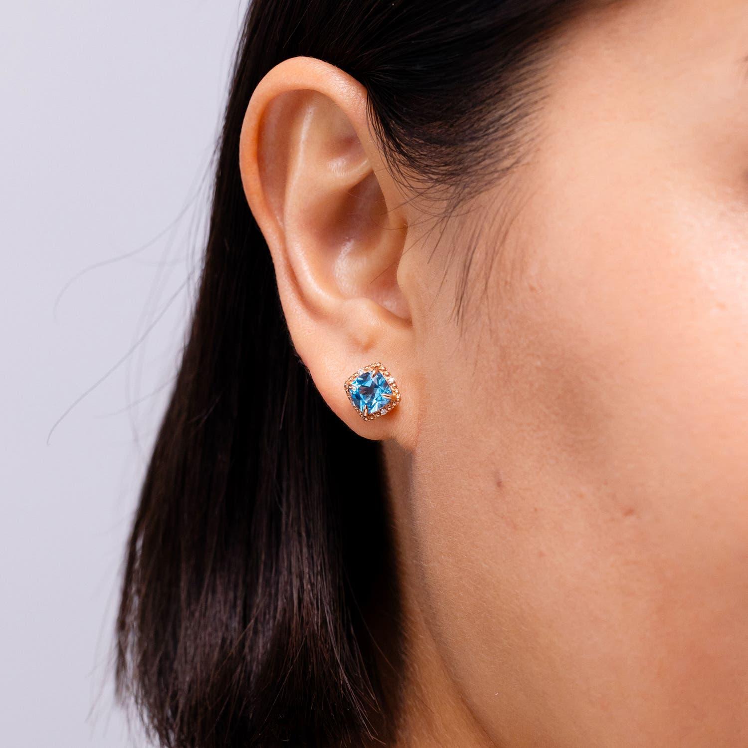 Modern Angara Natural Cushion 2.2 ct Swiss Blue Topaz Halo Stud Earring in 14K Gold For Sale
