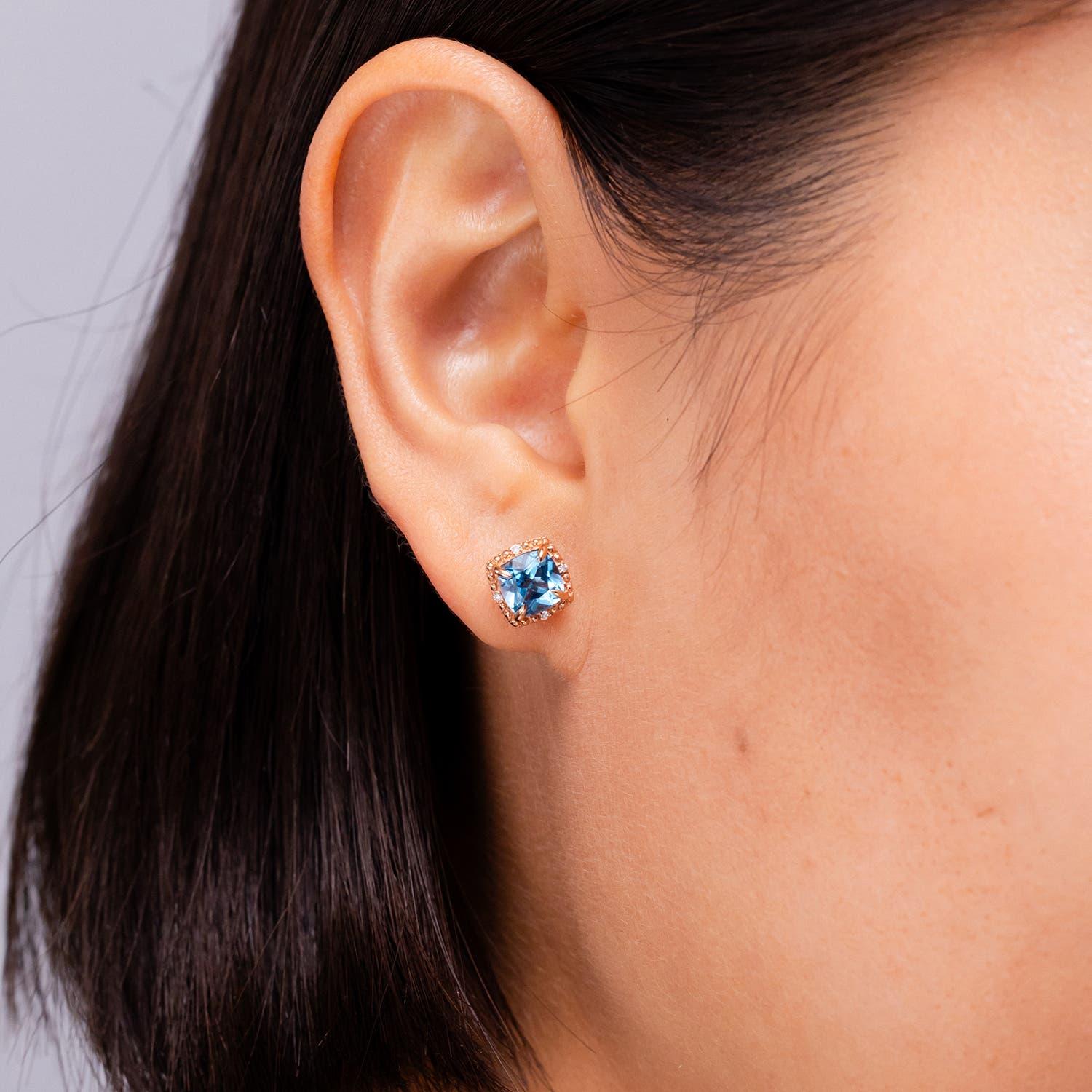 Cushion Cut Angara Natural Cushion 2.2 ct Swiss Blue Topaz Halo Stud Earring in 14K Gold For Sale