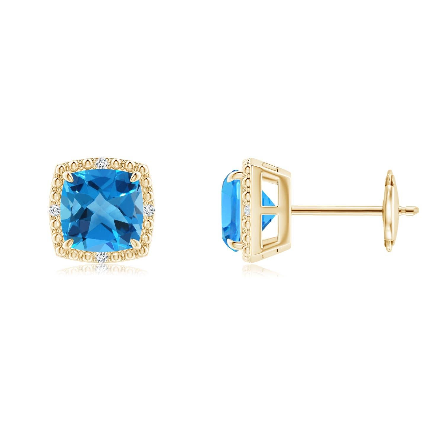 Angara Natural Cushion 2.2 ct Swiss Blue Topaz Halo Stud Earring in 14K Gold In New Condition For Sale In Los Angeles, CA