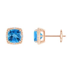 Angara Nature Cushion 2.2 ct Swiss Blue Topaz Halo Earring in 14K Gold