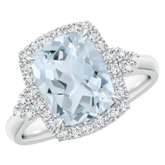 Bague Halo en or 14K de 2,45 ct d'aigue-marine coussinée naturelle avec diamants Angara
